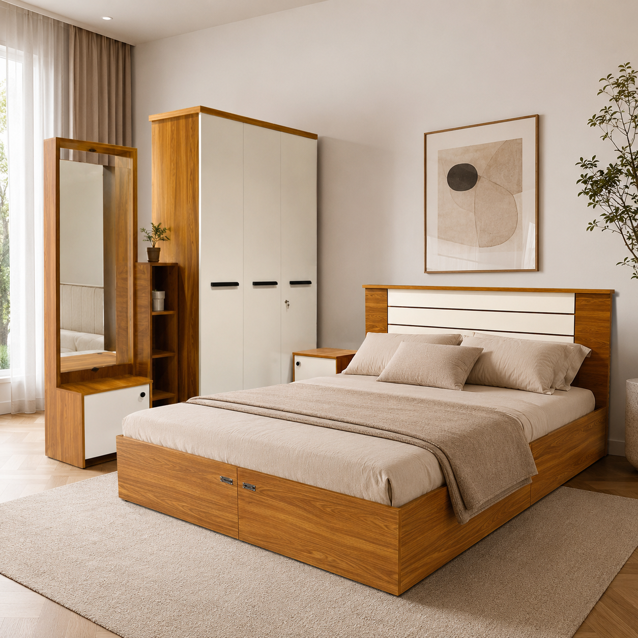 JESSE 3 DOOR QUEEN SIZE BEDROOMSET  | WHITE COLOUR-PARTICLE BOARD AND UV BOARD DOORS