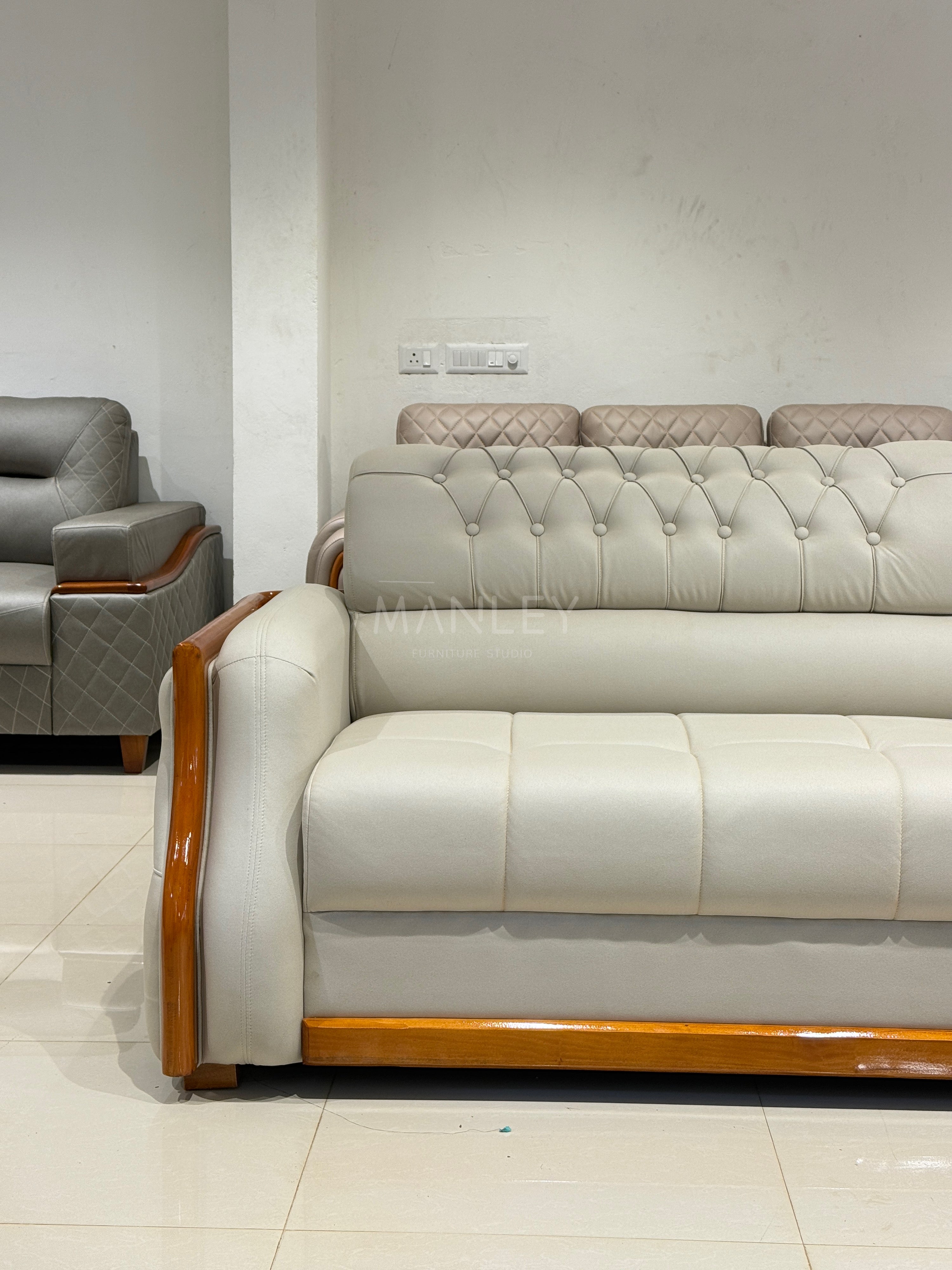 FALCON CORNER SOFA SET | MAHOGANY WOOD & FABRIC UPHOLSTERY