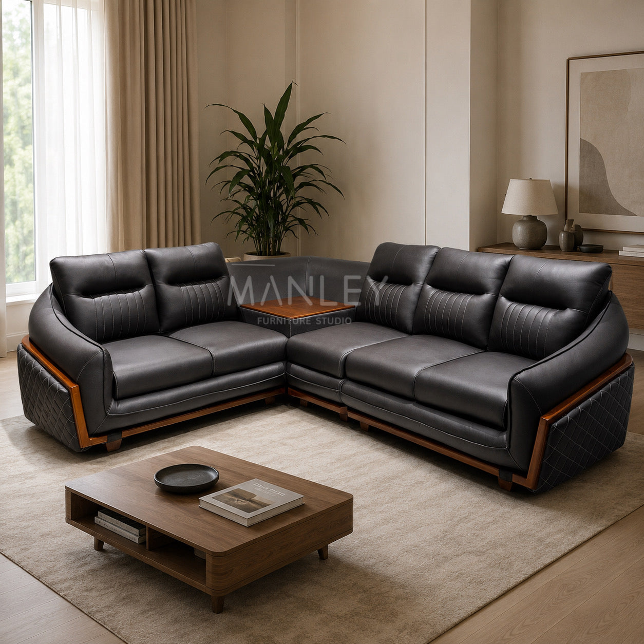 HAVEN CORNER SOFA SET-TREATED MAHAGONY WOOD SUEDE FABRIC-BLACK COLOUR
