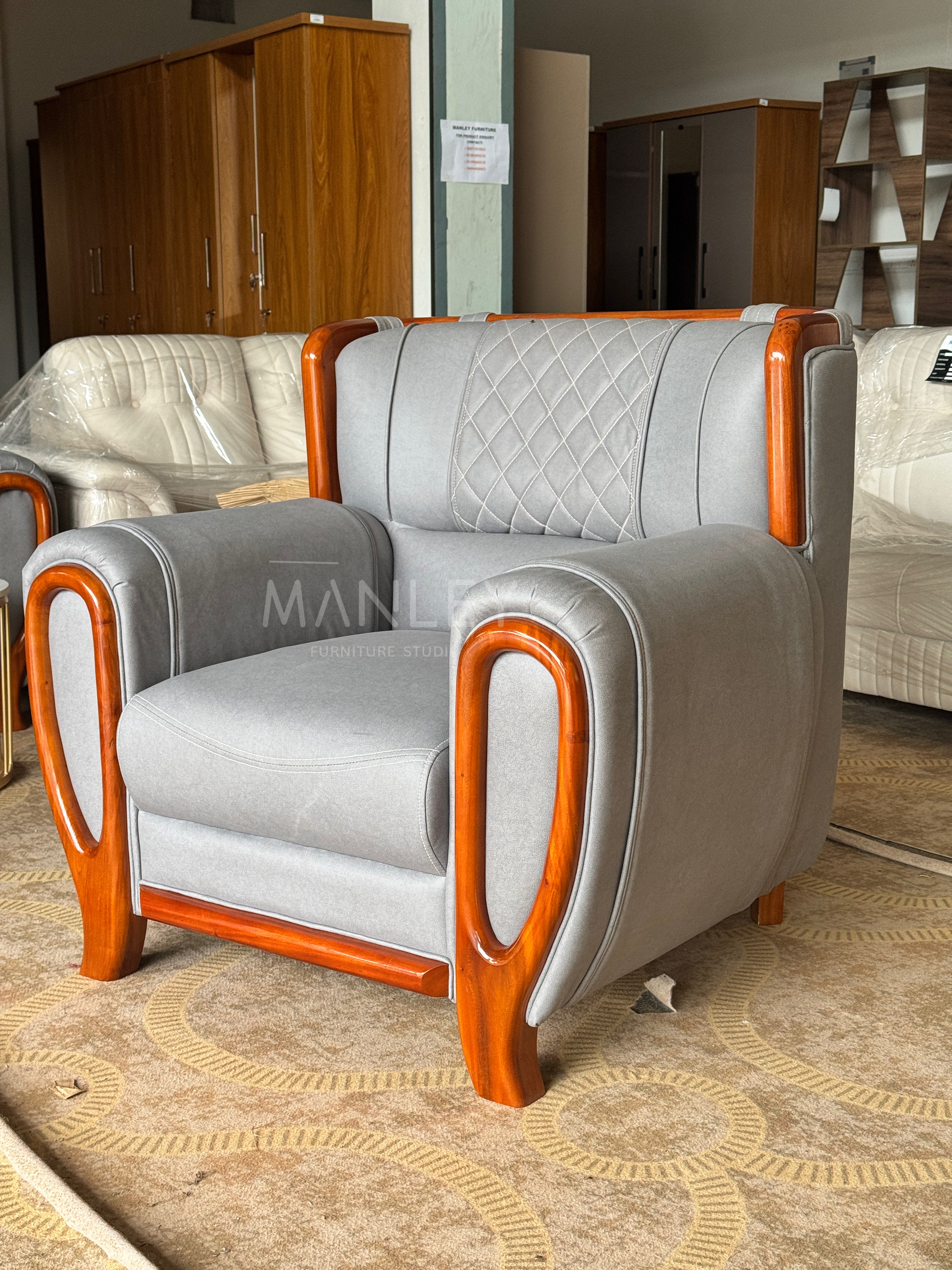 EMBER ARMCHAIR | MAHOGANY WOOD & SUEDE FABRIC | GREY