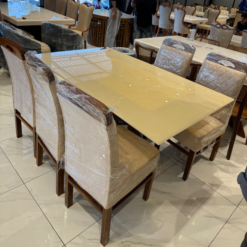 Sungai Dining Set – Imported Legs | Onyx Top & Solid Acacia Wood Chairs
