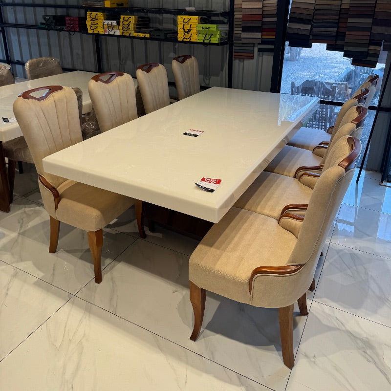 Rolex Dining Set – Treated Mahogany | Onyx Top & Fabric Chairs