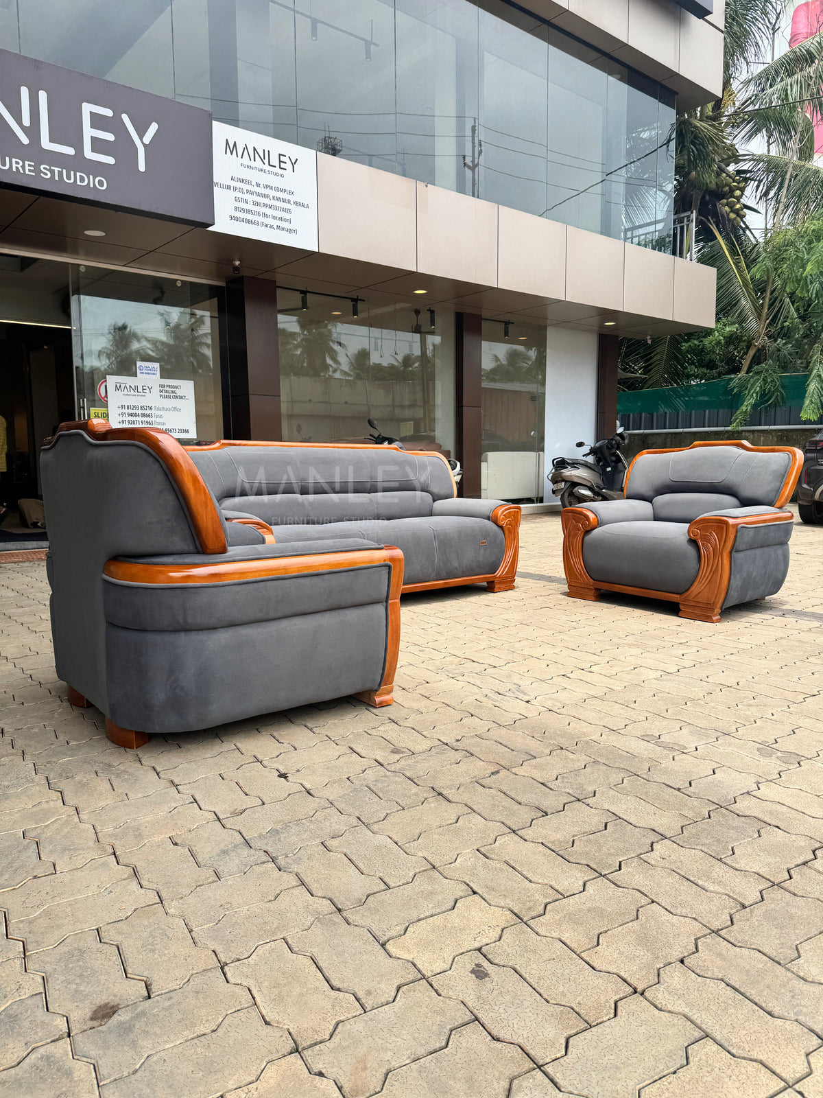 CHAISE 3+1+1 SOFA SET-TREATED MAHAGONY SUED FABRIC-GREY COLOUR