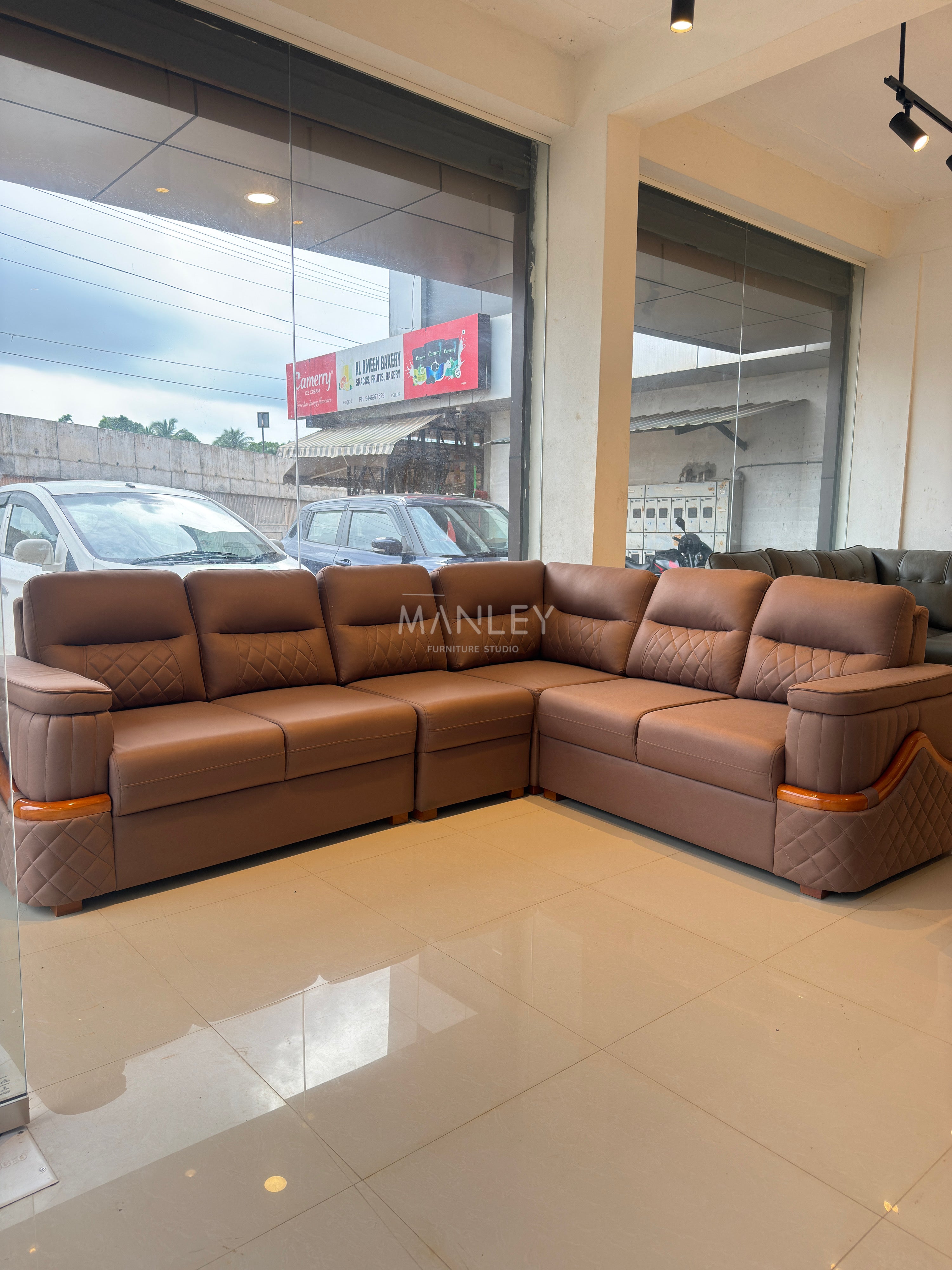 JASPER CORNER SOFA SET | MAHOGANY WOOD & FABRIC UPHOLSTERY | GREY