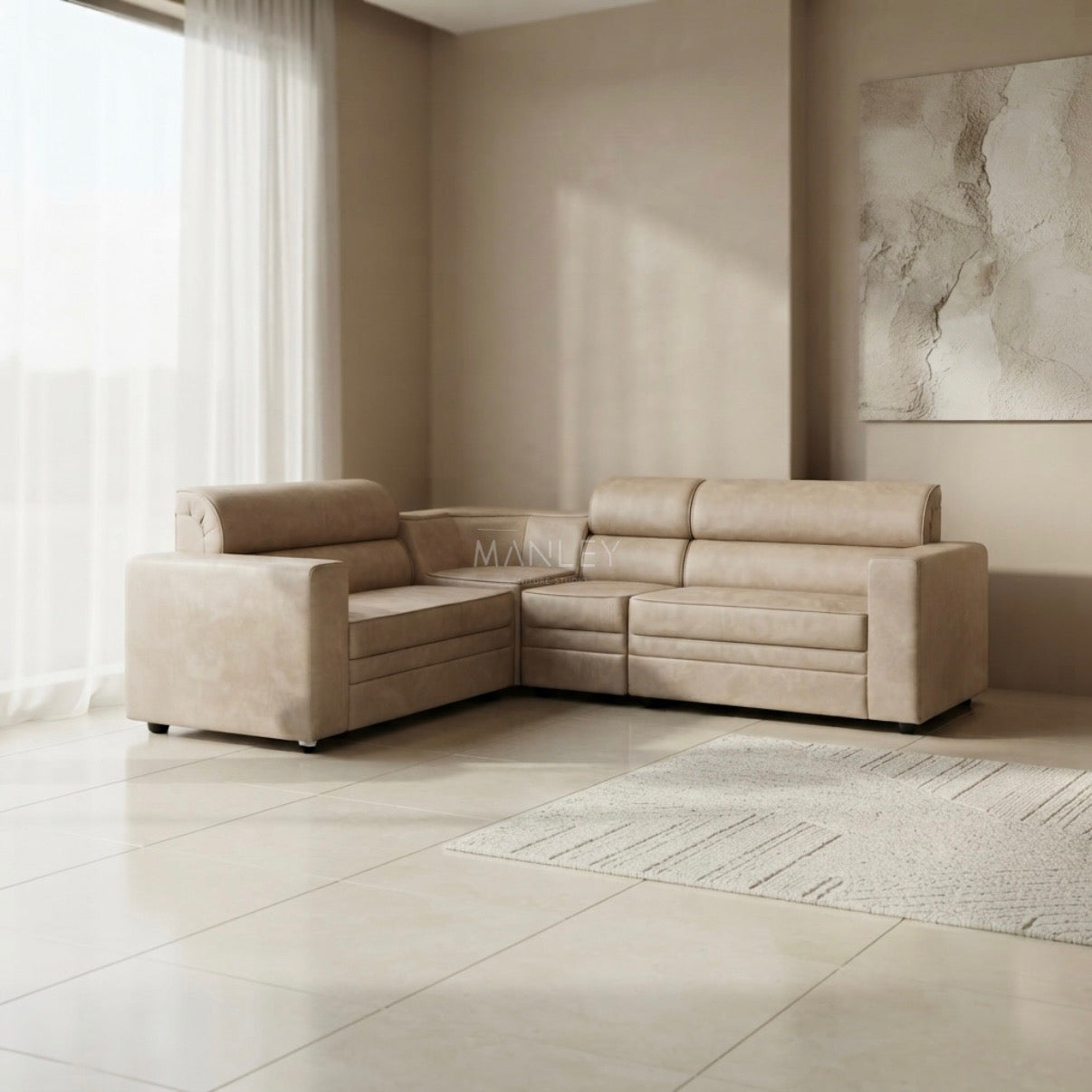 MONACO CORNER SOFA SET | ACACIA WOOD & SUEDE FABRIC UPHOLSTERY | BEIGE