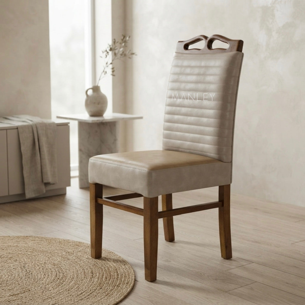 QUILON DINING CHAIR | ACACIA WOOD & REXIN UPHOLSTERY | BEIGE