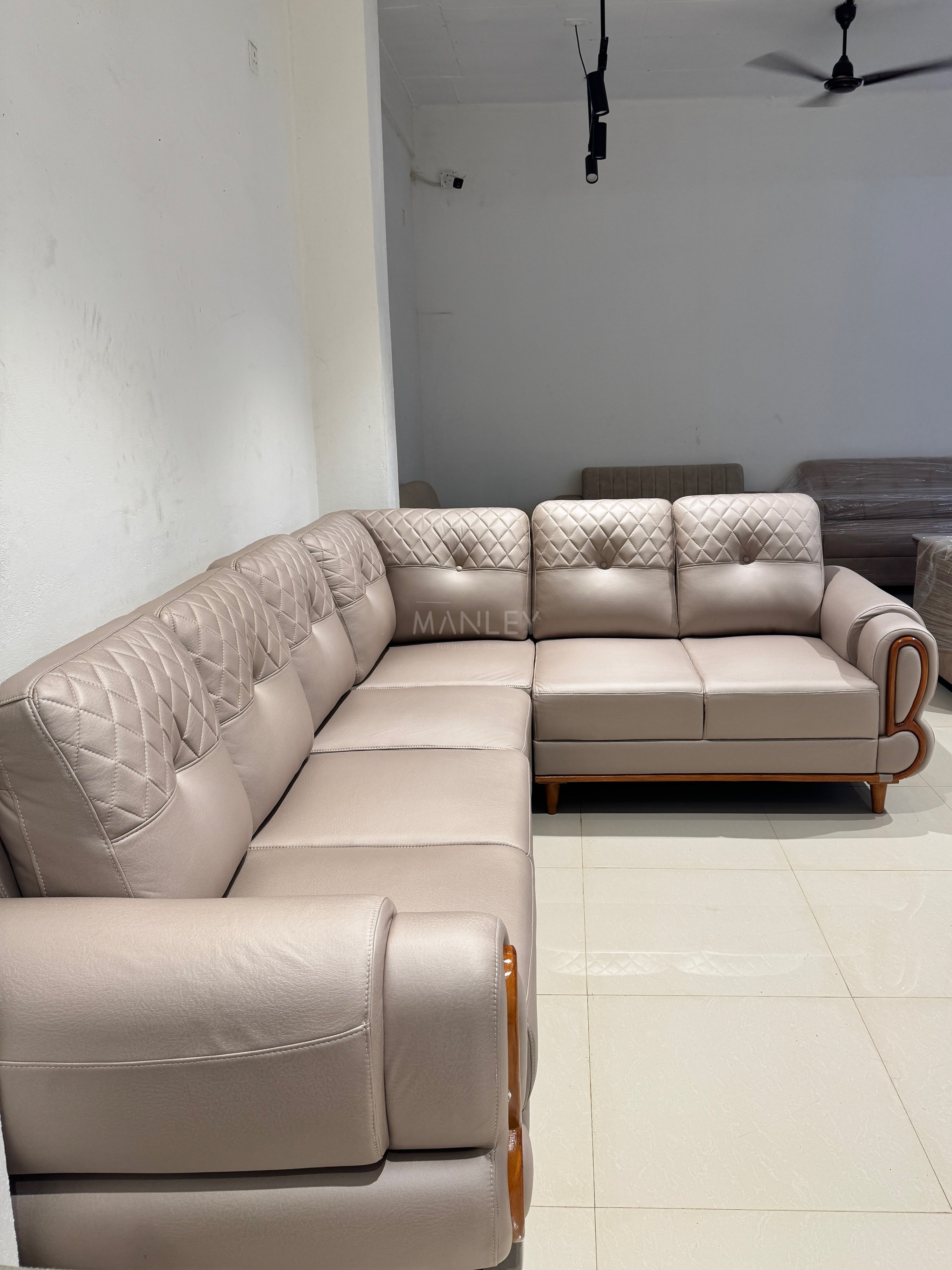 JASPER CORNER SOFA SET | MAHOGANY WOOD & FABRIC UPHOLSTERY | BEIGE