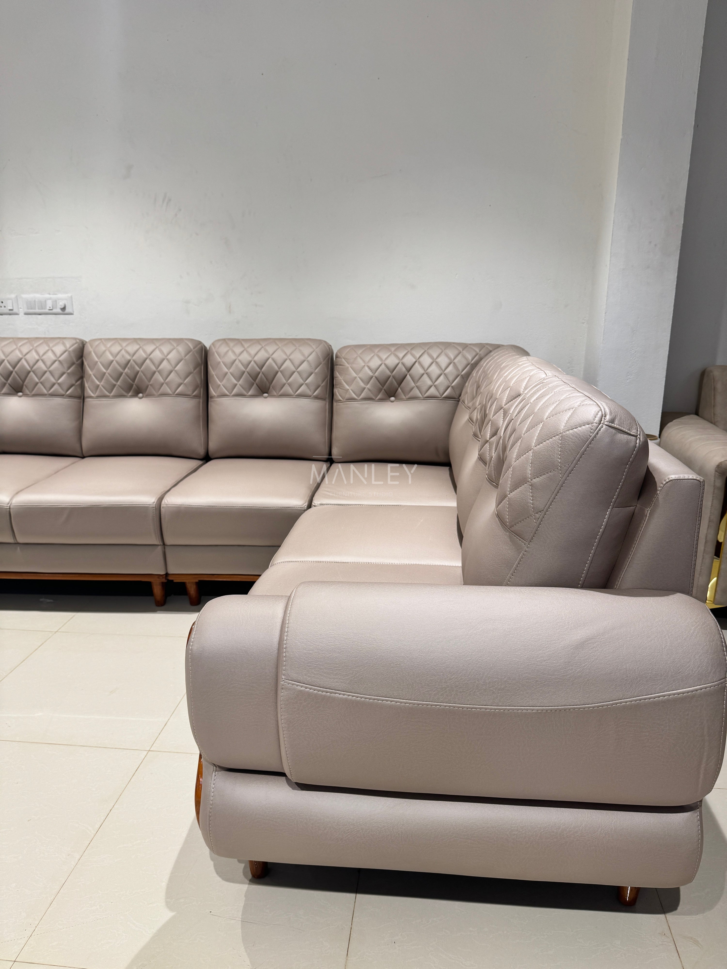 JASPER CORNER SOFA SET | MAHOGANY WOOD & FABRIC UPHOLSTERY | BEIGE