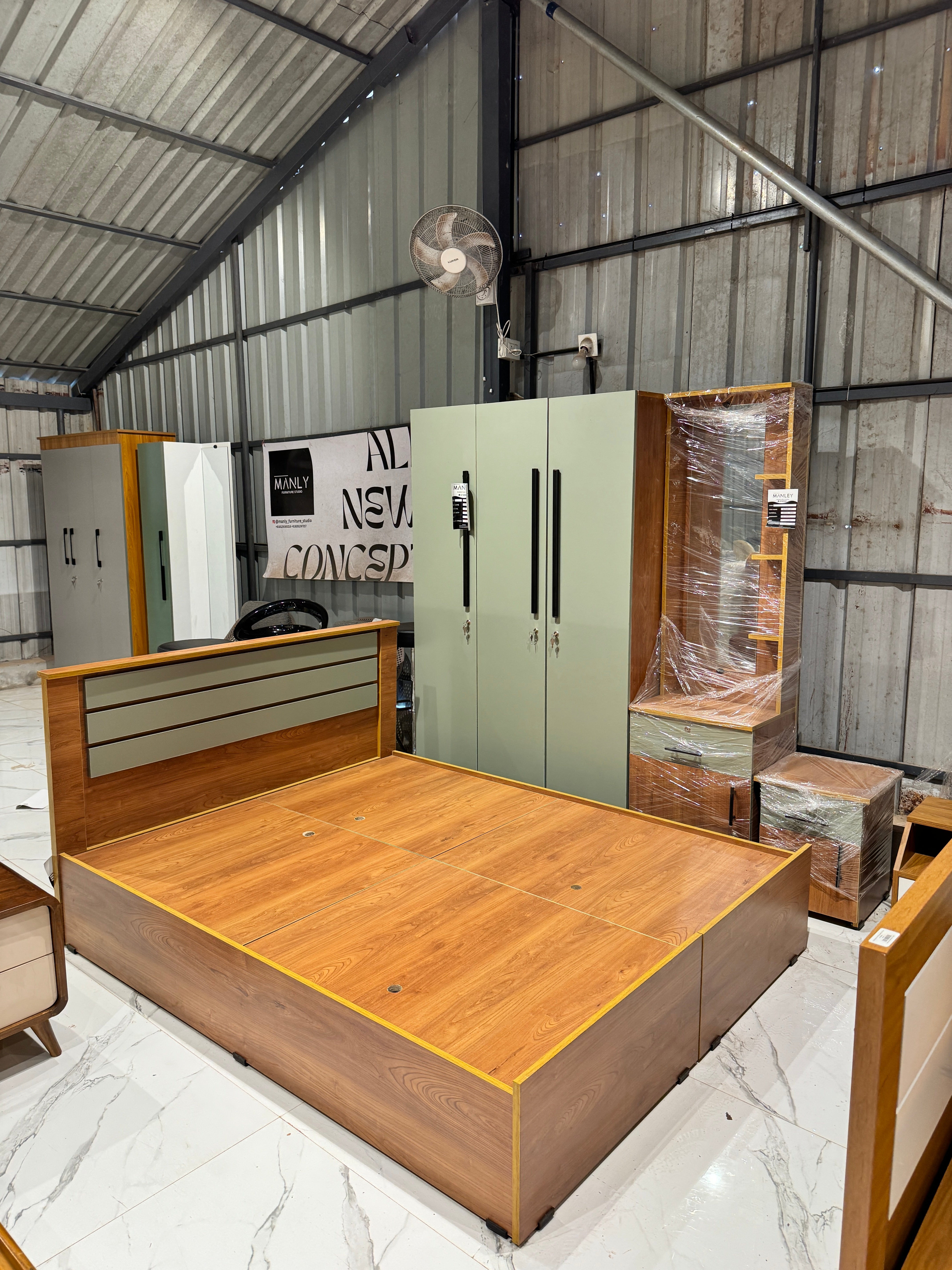 YENORA 3 DOOR QUEEN SIZE BEDROOMSET – Premium Particle Board |  COLOUR Green & Dark Brown |