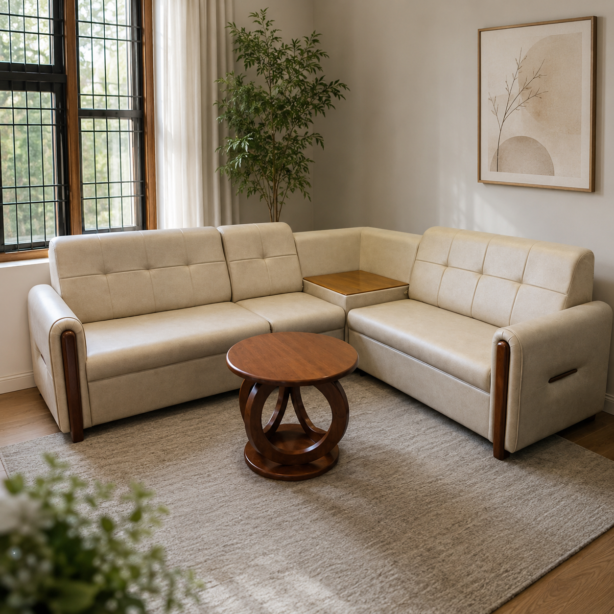 PILLER CORNER SOFA SET | SUEDE FABRIC & MAHOGANY FRAME | OFF WHITE