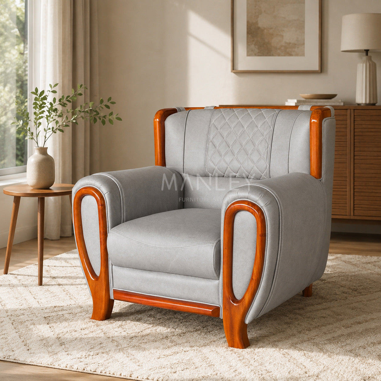 EMBER ARMCHAIR | MAHOGANY WOOD & SUEDE FABRIC | GREY