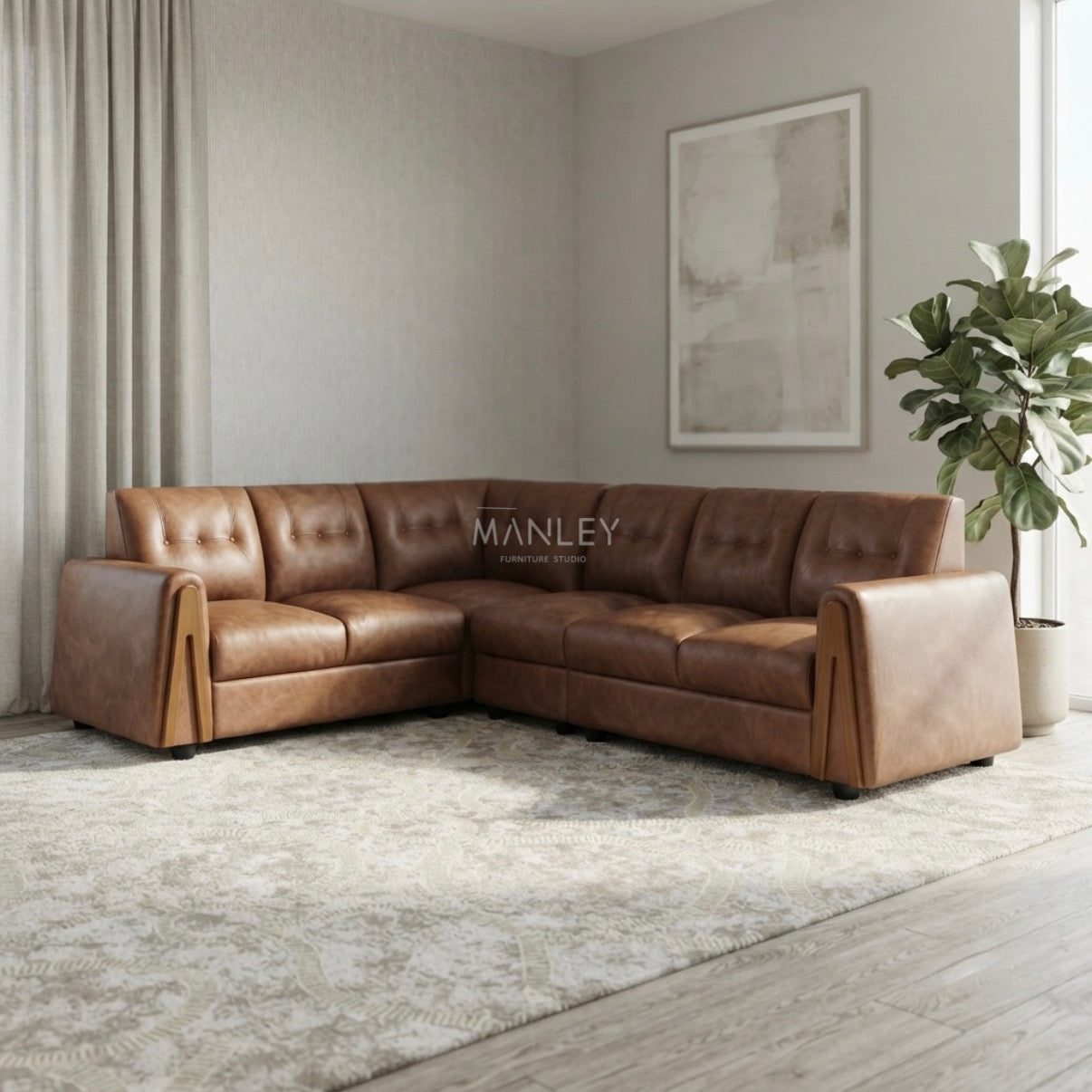 TRIANGLE CORNER SOFA SET | MAHOGANY WOOD & SUEDE FABRIC UPHOLSTERY