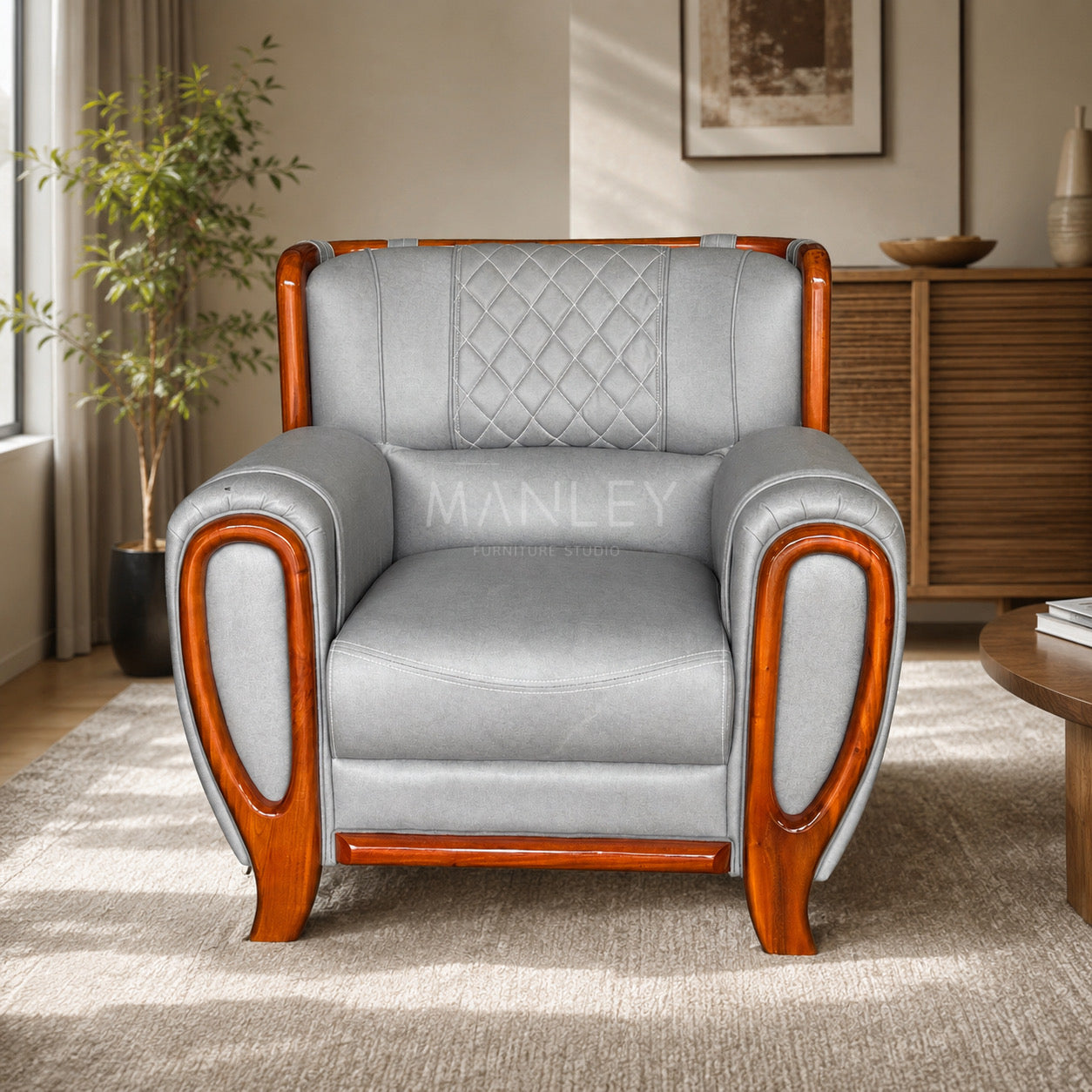 EMBER ARMCHAIR | MAHOGANY WOOD & SUEDE FABRIC | GREY