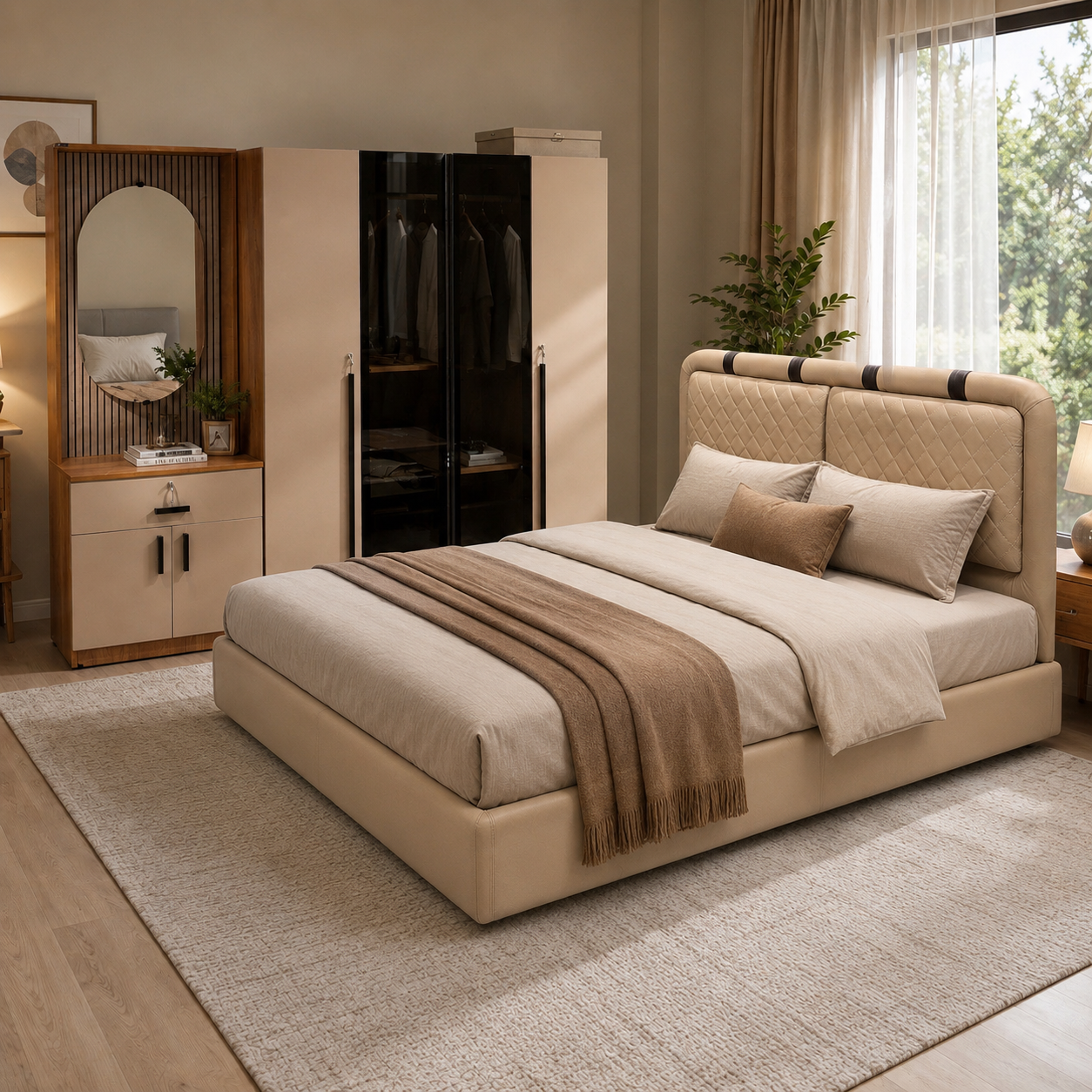 OMEGA 4-DOOR QUEEN SIZE BEDROOM SET | PARTICLE BOARD & UV BOARD DOORS | LIGHT CREAM
