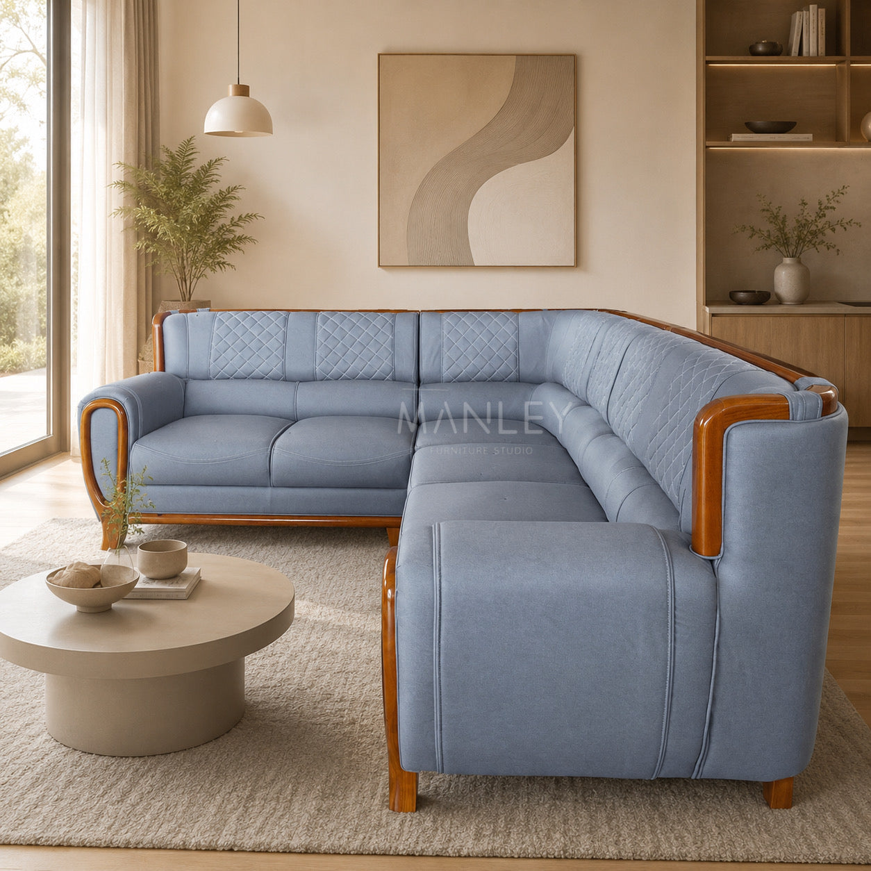 SERENITY CORNER SOFA SET | MAHOGANY WOOD & SUEDE FABRIC UPHOLSTERY | GREY