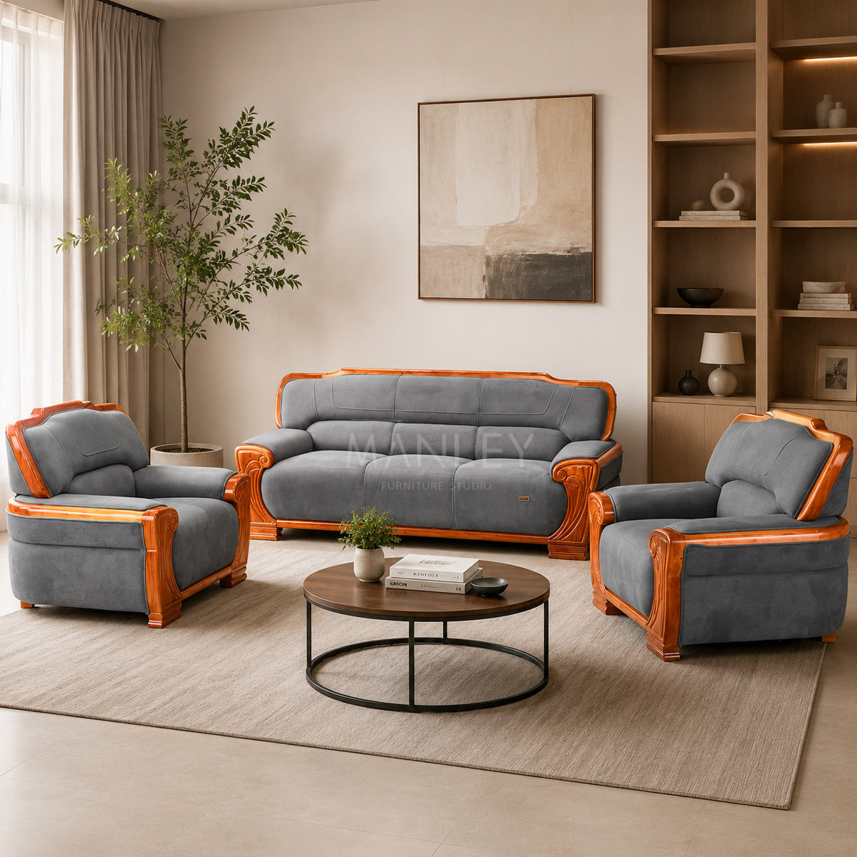 CHAISE 3+1+1 SOFA SET-TREATED MAHAGONY SUED FABRIC-GREY COLOUR