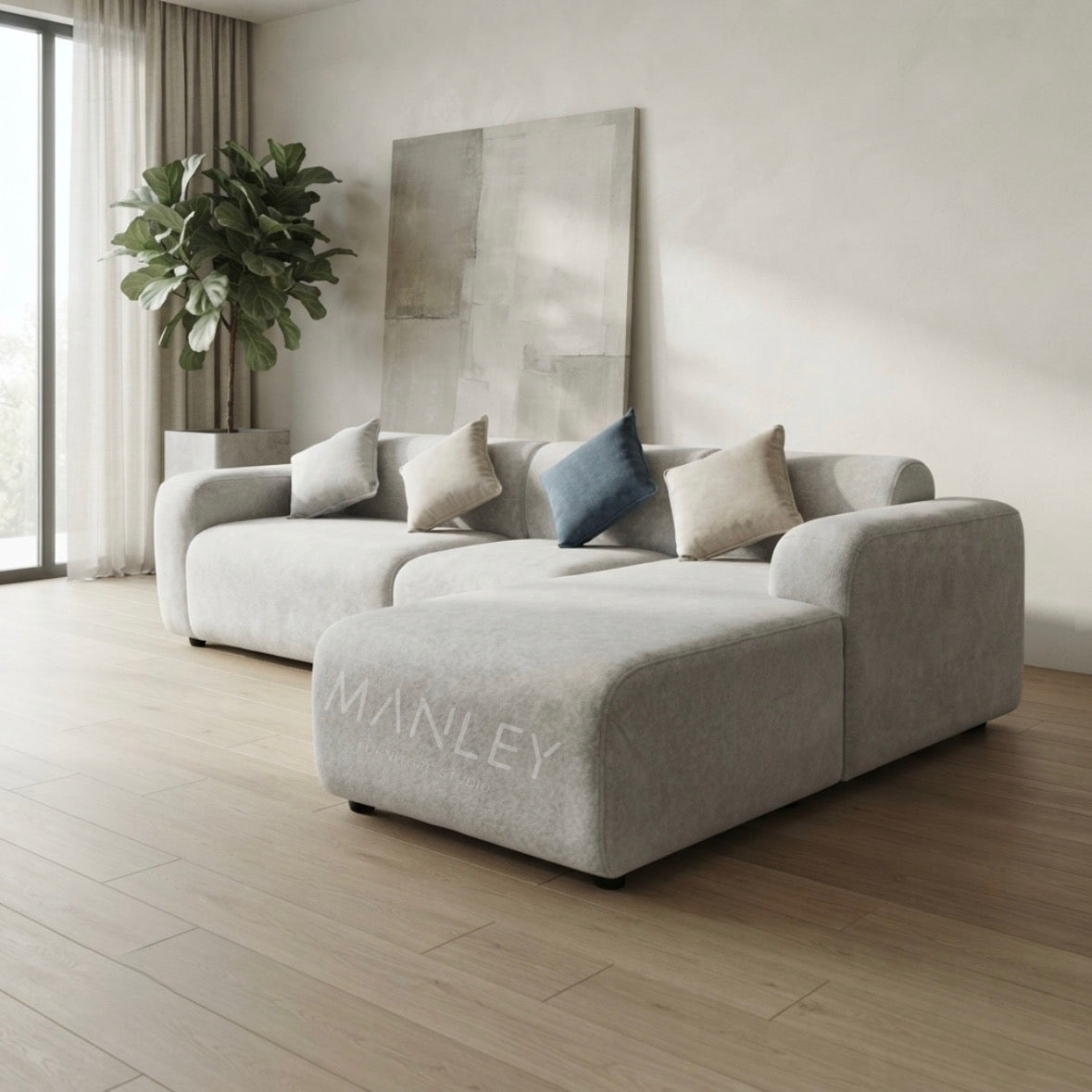 QUILON CORNER SOFA SET | SUEDE FABRIC UPHOLSTERY | OFF WHITE