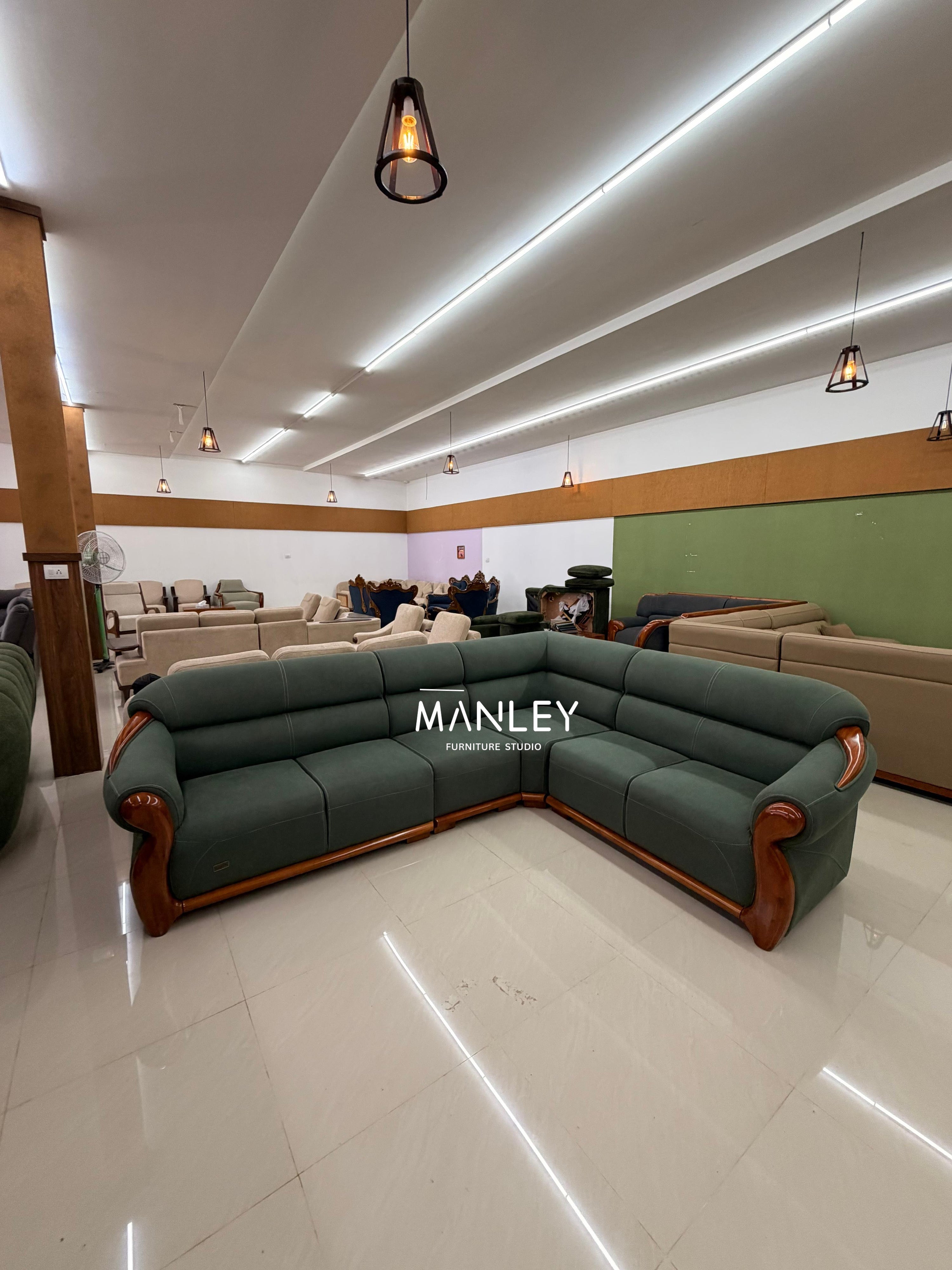 LAIKE CORNER SOFA SET | MAHOGANY WOOD & FABRIC UPHOLSTERY | GREEN
