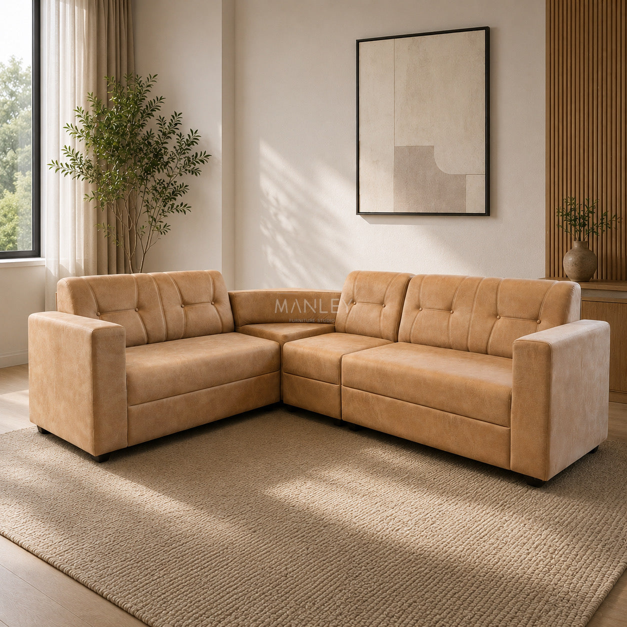 VERONA CORNER SOFA SET | ACACIA WOOD & SUEDE FABRIC UPHOLSTERY