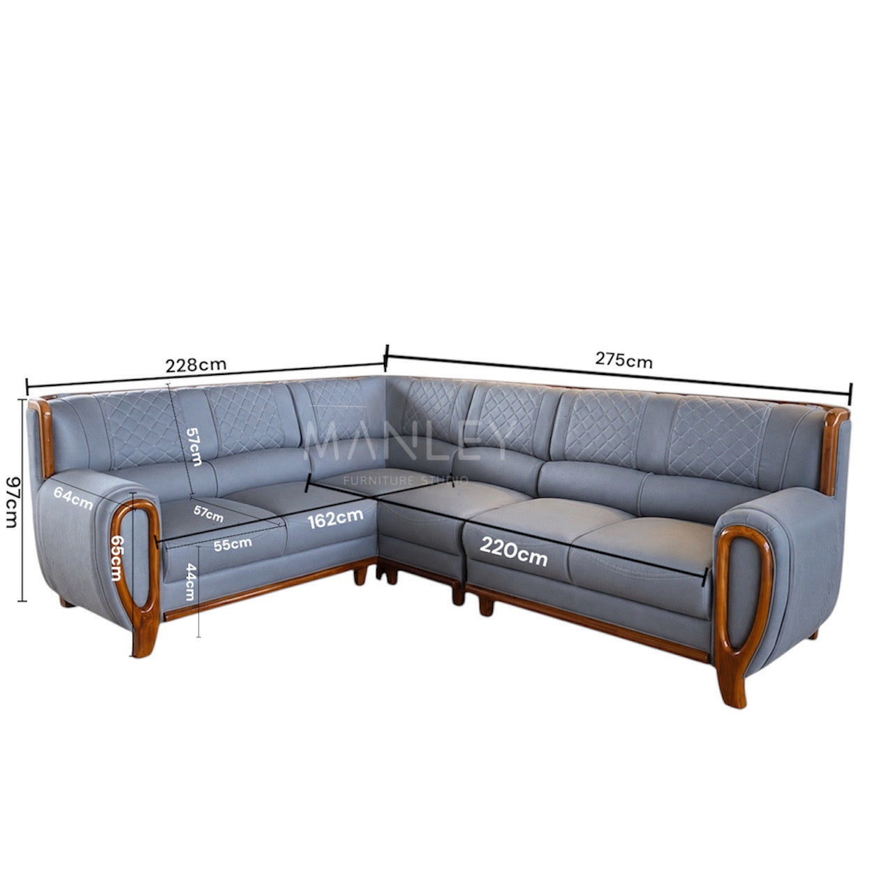 SERENITY CORNER SOFA SET | MAHOGANY WOOD & SUEDE FABRIC UPHOLSTERY | GREY