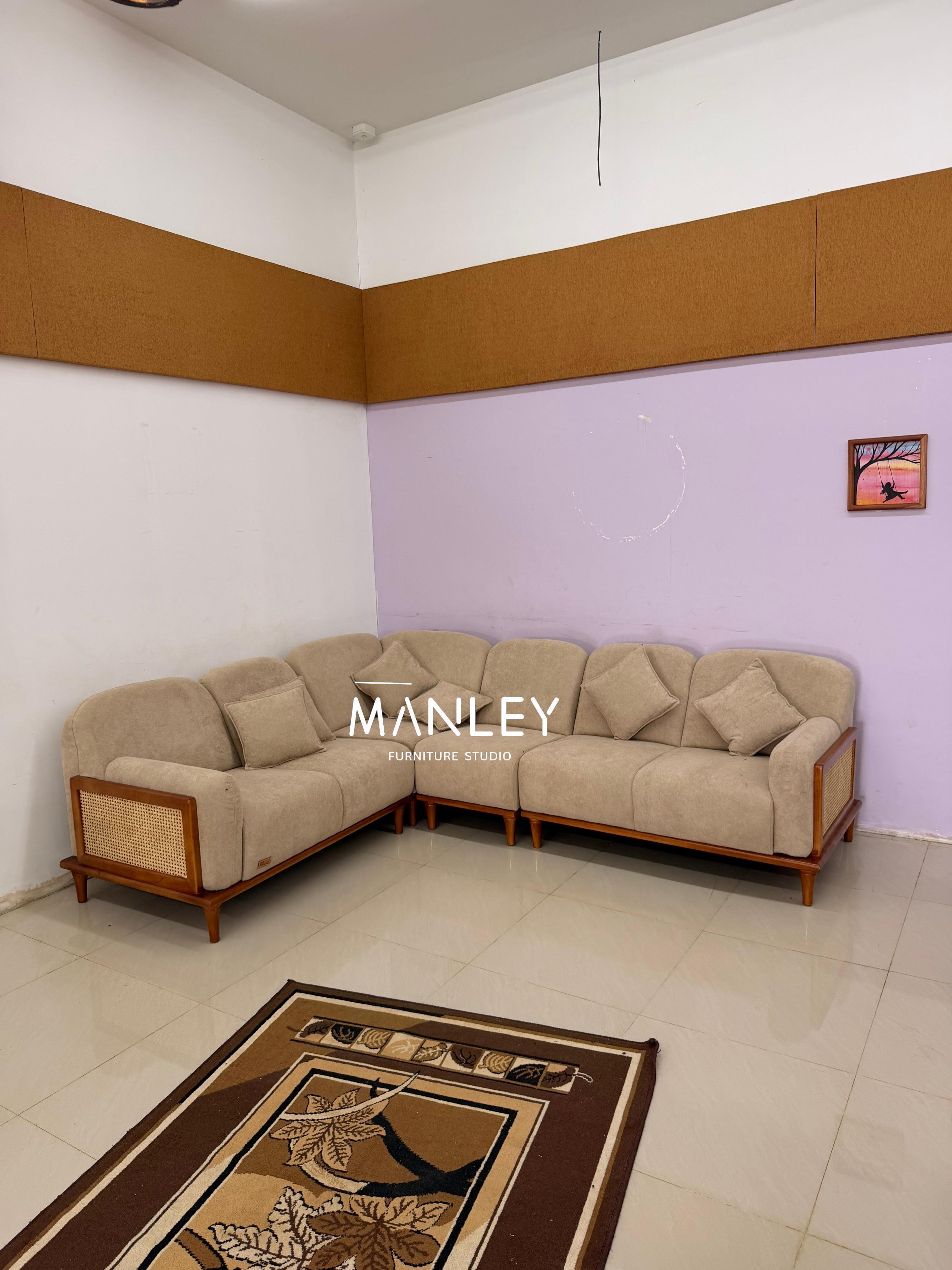 CANE SOFT CORNER SOFA SET | MAHOGANY WOOD & NATURAL CANE | CREAM