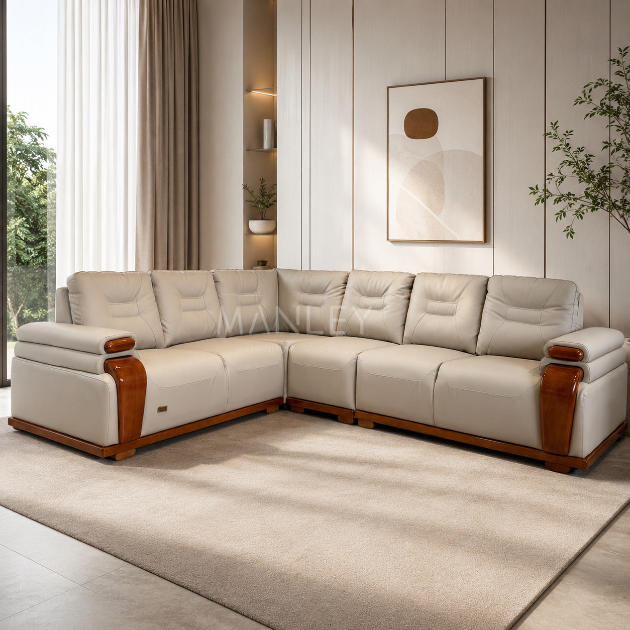 MONACO CORNER SOFA SET | MAHOGANY WOOD & SUEDE FABRIC UPHOLSTERY