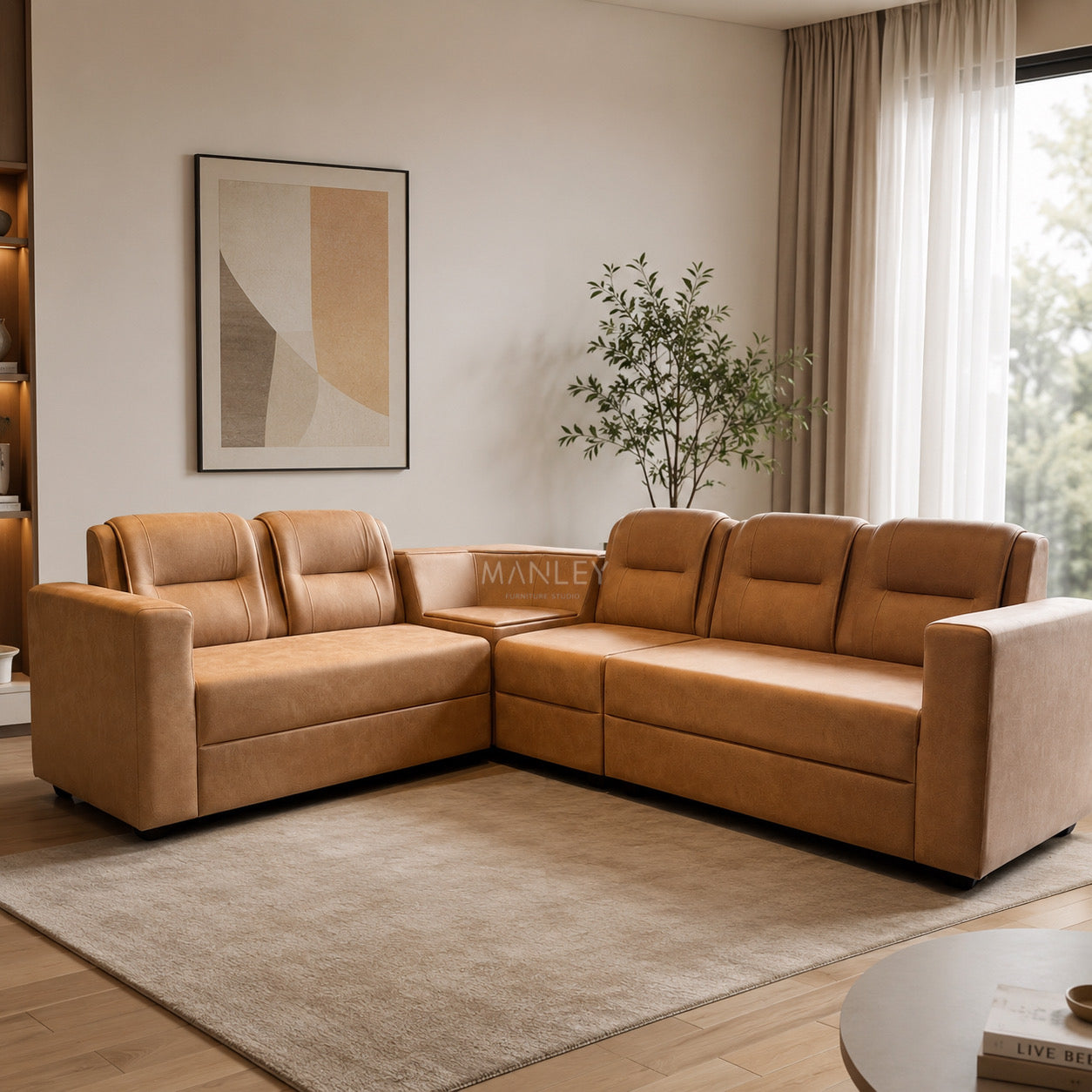 MILAN CORNER SOFA SET | ACACIA WOOD & SUEDE FABRIC UPHOLSTERY | BEIGE