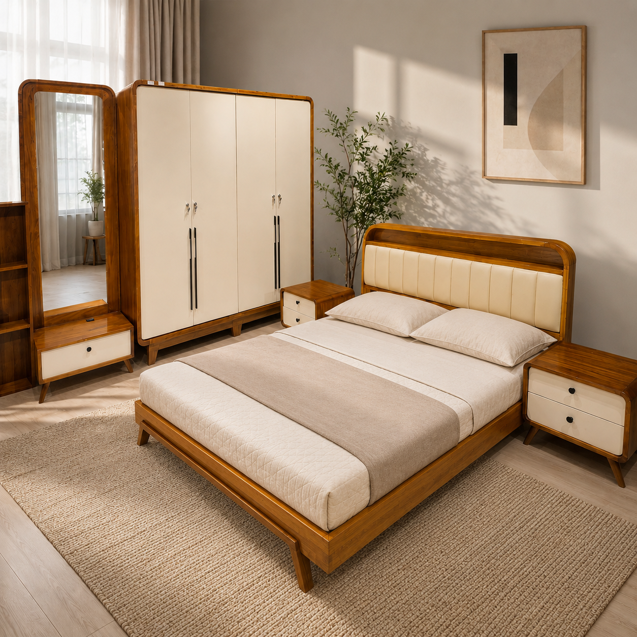 Finora Bedroom Set – Forest Acacia & Door Board | Brown & Cream