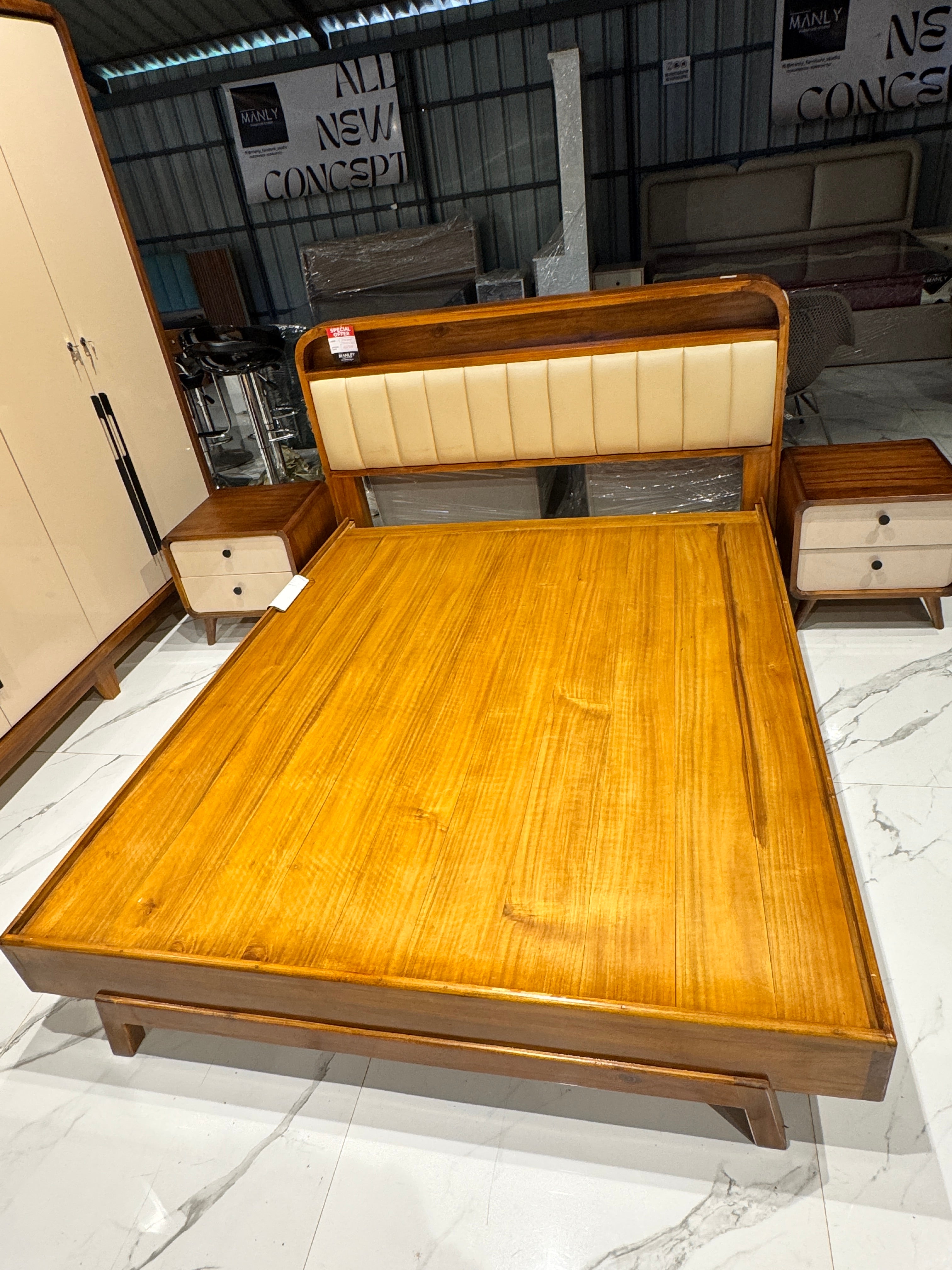 WOOD COT - QUEEN  SIZE FOREST ACACIA WITH CUSSION HEADBOARD