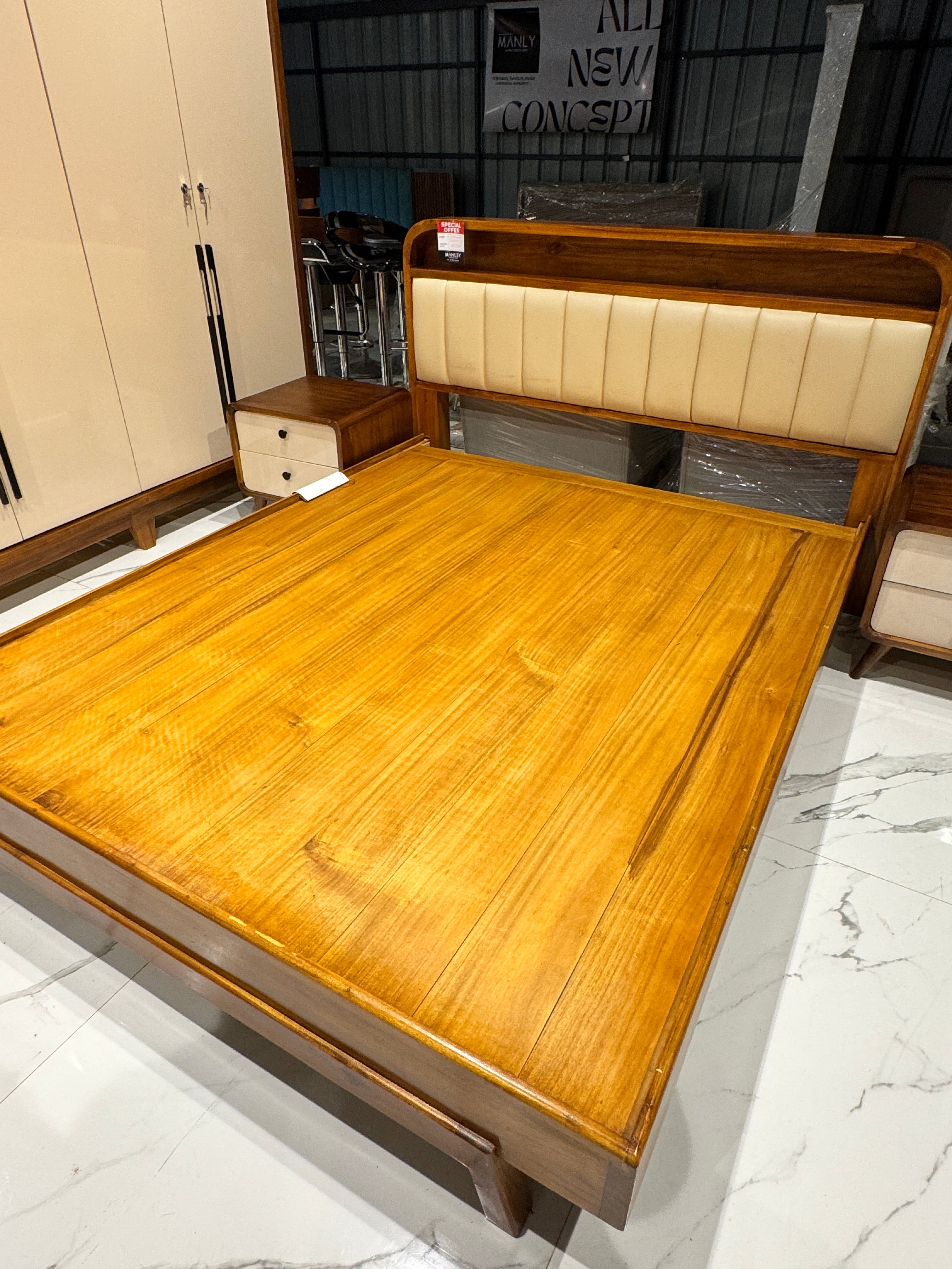 WOOD COT - QUEEN  SIZE FOREST ACACIA WITH CUSSION HEADBOARD
