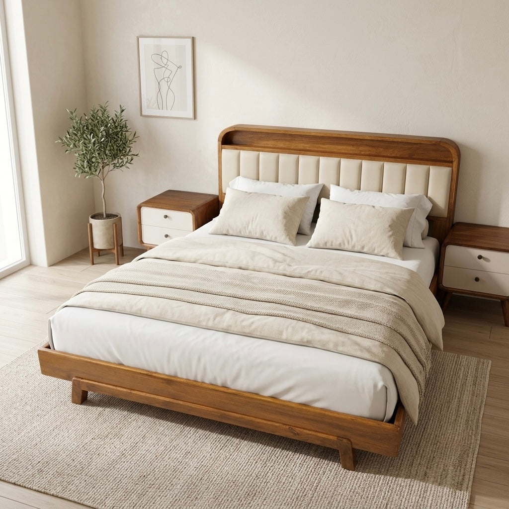 WOOD COT - QUEEN  SIZE FOREST ACACIA WITH CUSSION HEADBOARD