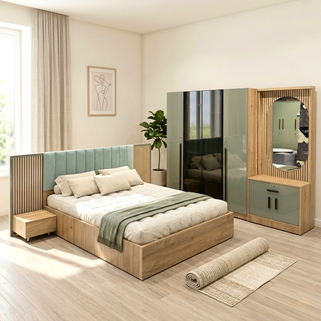 SLEECON 4 GLASS DOOR BEDROOMSET | Green | Particle Board & UV Board Doors