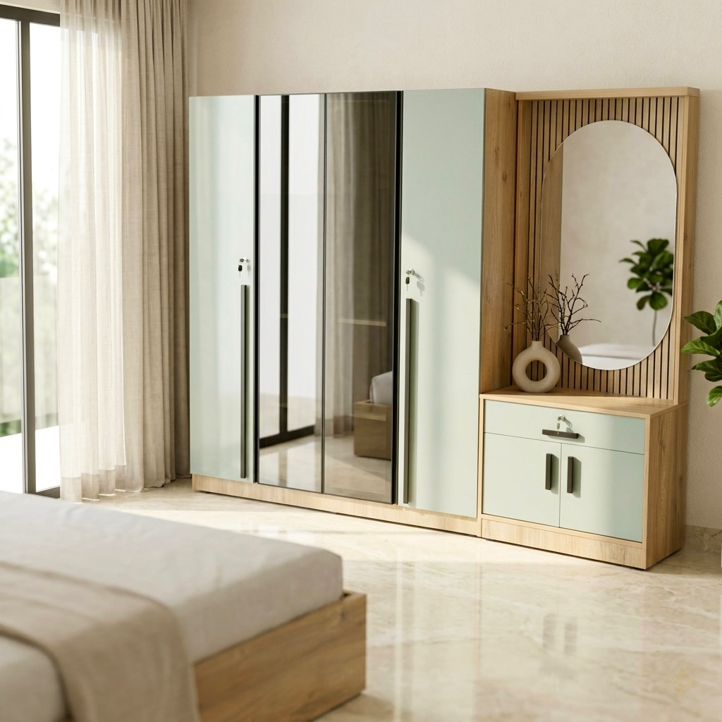 SLEECON 4 GLASS DOOR BEDROOMSET | Green | Particle Board & UV Board Doors