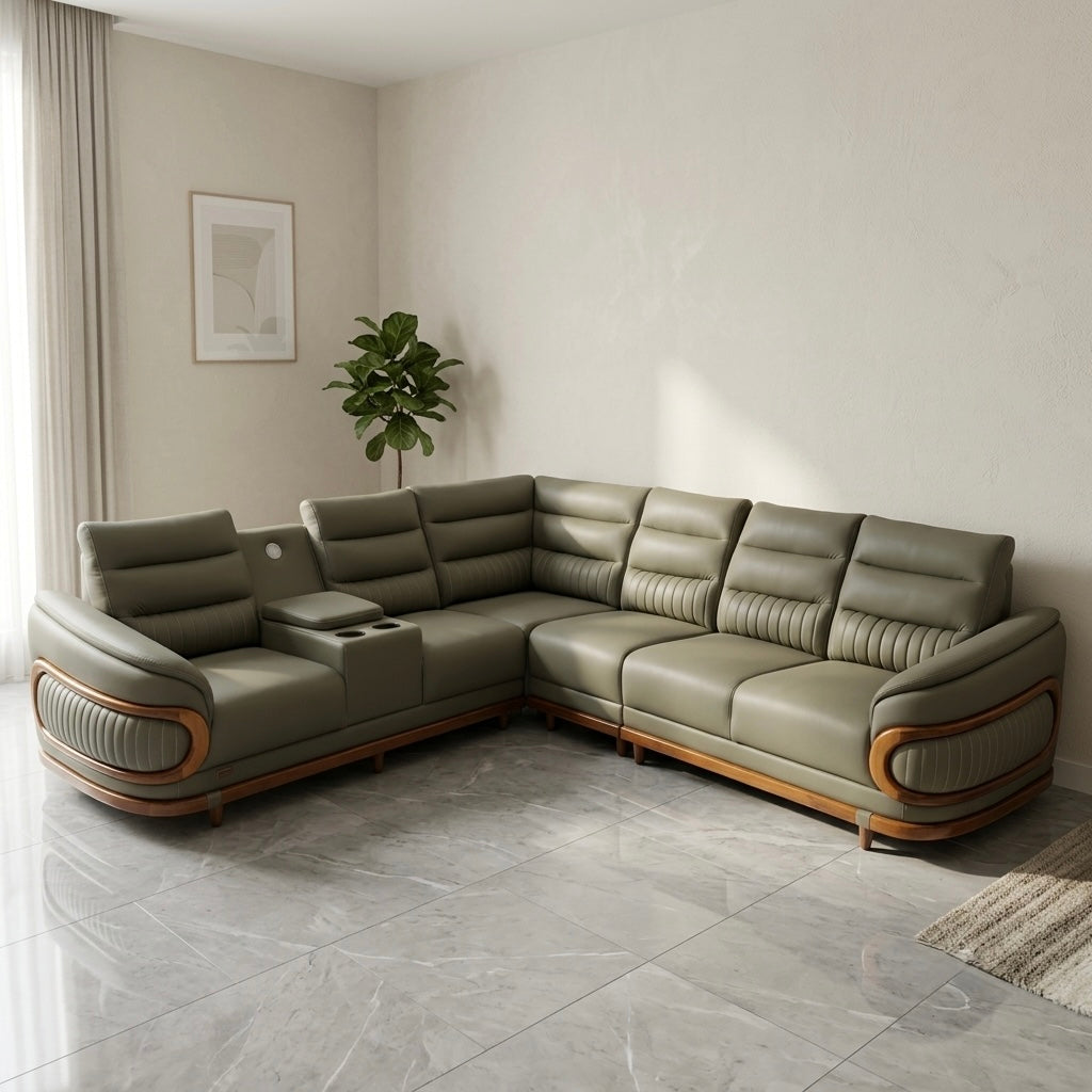 NOVA PREMIUM CORNER SOFA SET | MAHOGANY WOOD | SUEDE FABRIC | POCKET SPRING | GREEN
