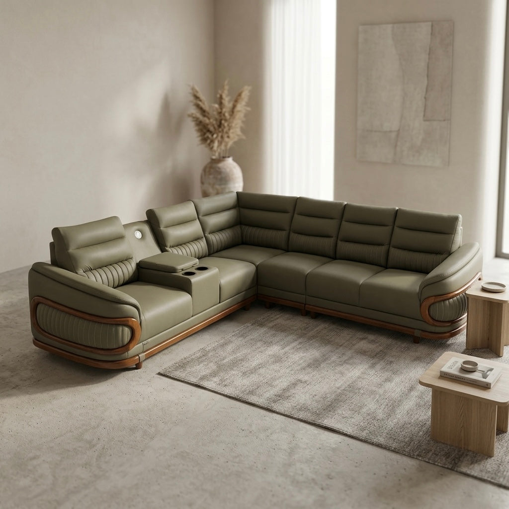 NOVA PREMIUM CORNER SOFA SET | MAHOGANY WOOD | SUEDE FABRIC | POCKET SPRING | GREEN