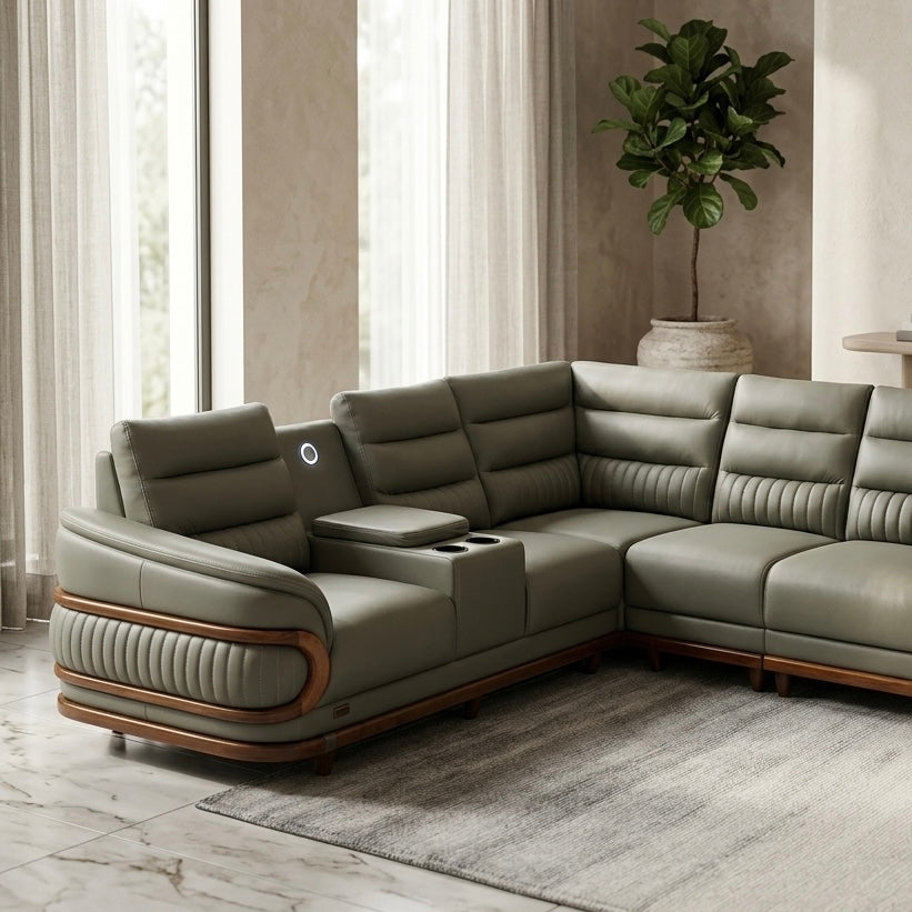 NOVA PREMIUM CORNER SOFA SET | MAHOGANY WOOD | SUEDE FABRIC | POCKET SPRING | GREEN
