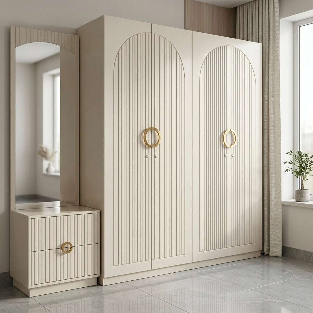 ARCH CURVE 4-DOOR KING SIZE BEDROOM SET | PREMIUM HDF BOARD | IVORY COLOUR