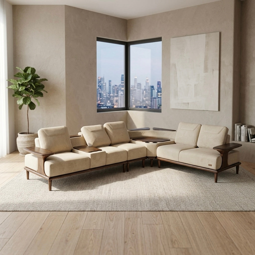 OSLO PREMIUM CORNER SOFA SET | MAHOGANY WOOD | SUEDE FABRIC | POCKET SPRING | CREAM