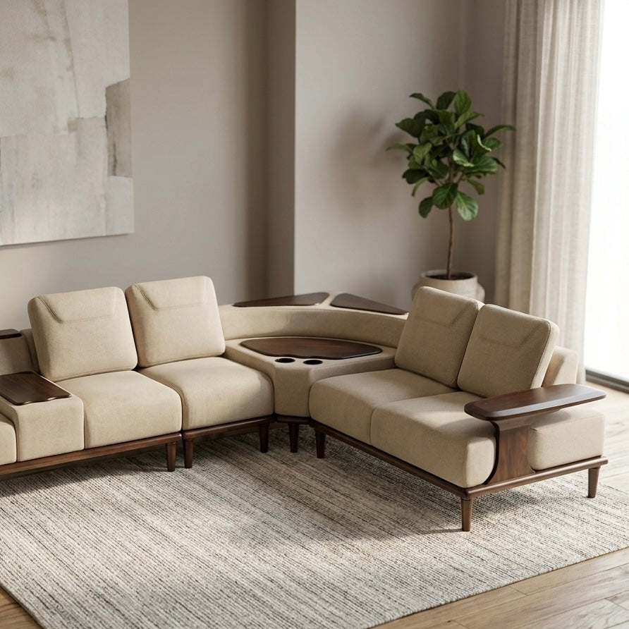 OSLO PREMIUM CORNER SOFA SET | MAHOGANY WOOD | SUEDE FABRIC | POCKET SPRING | CREAM