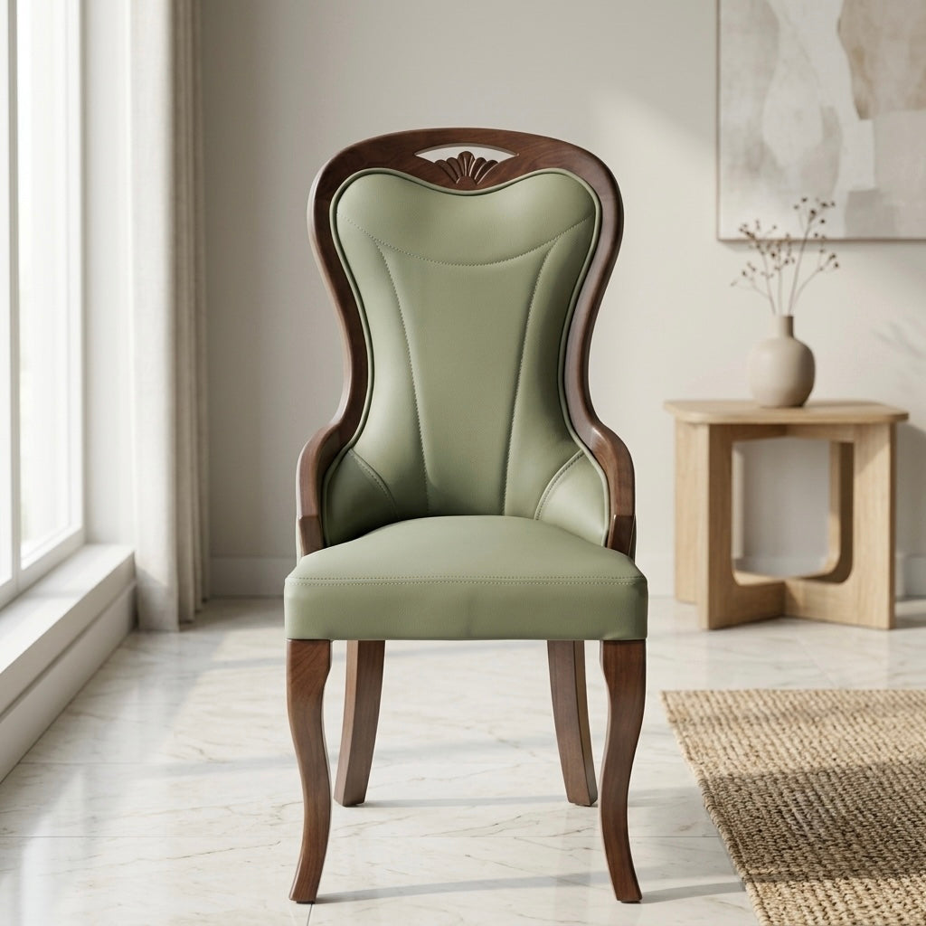 MILAN PREMIUM CHAIR | MAHOGANY WOOD & REXIN UPHOLSTERY | LIGHT GREEN
