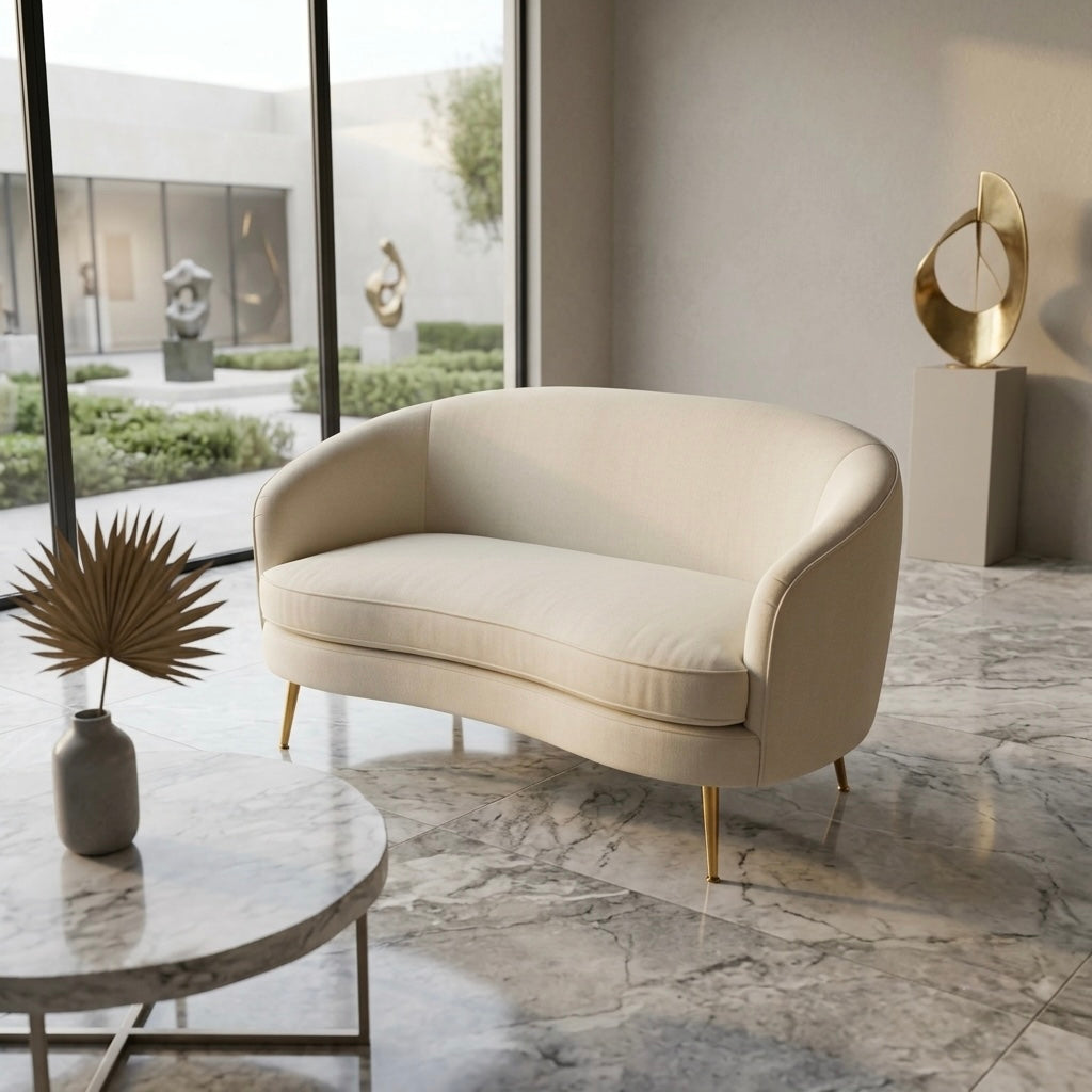 EGG MODEL 2-SEATER ARM CHAIR | ACACIA WOOD & VELVET FABRIC | WHITE