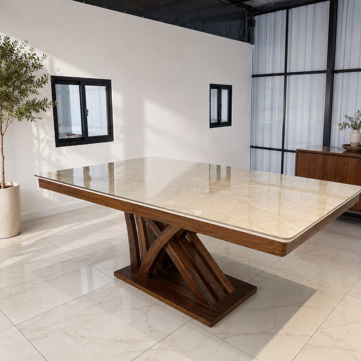 VERTICAL 6-SEATER DINING TABLE | 6X3.5 FT | ACACIA WOOD & CERAMIC TOP