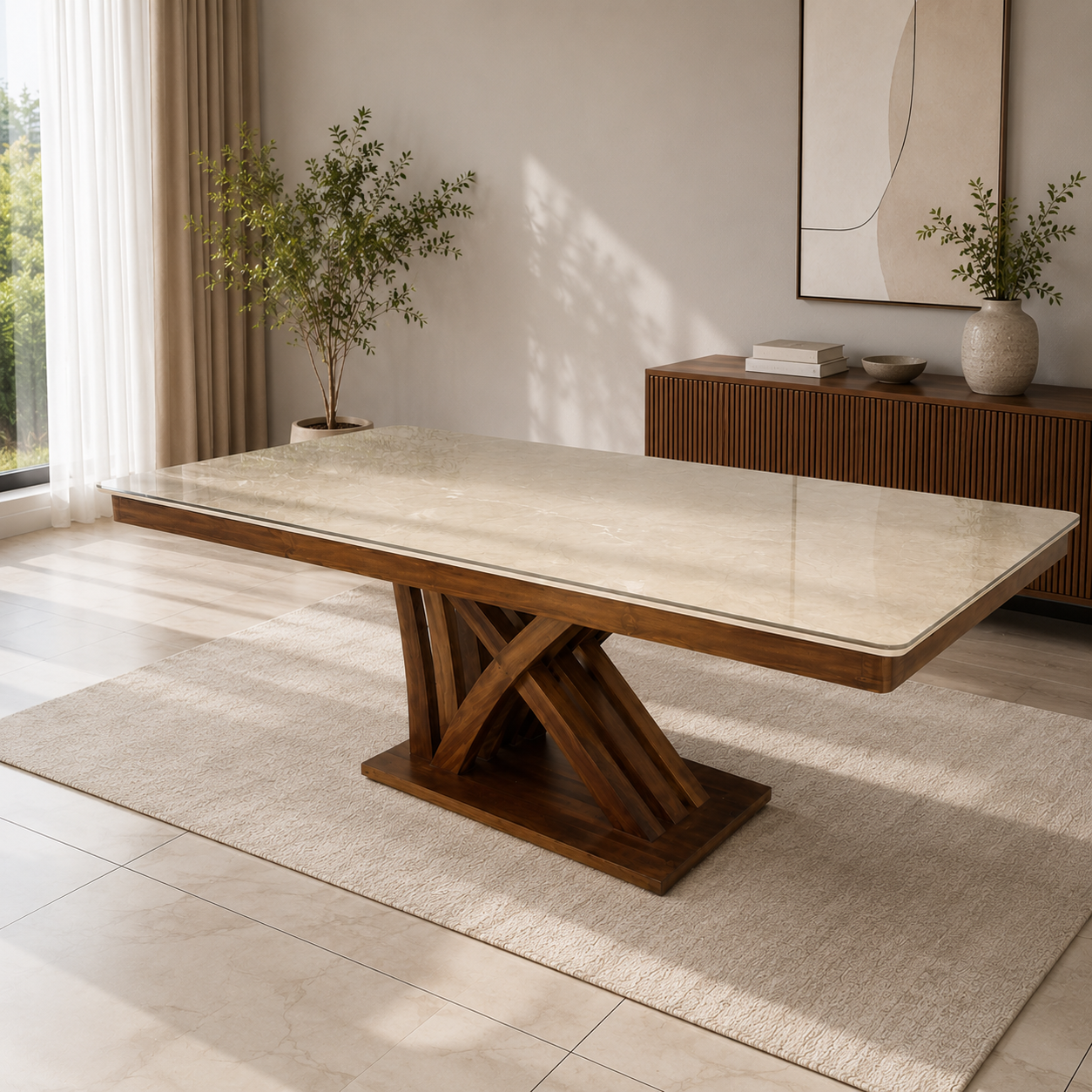 VERTICAL 6-SEATER DINING TABLE | 6X3.5 FT | ACACIA WOOD & CERAMIC TOP