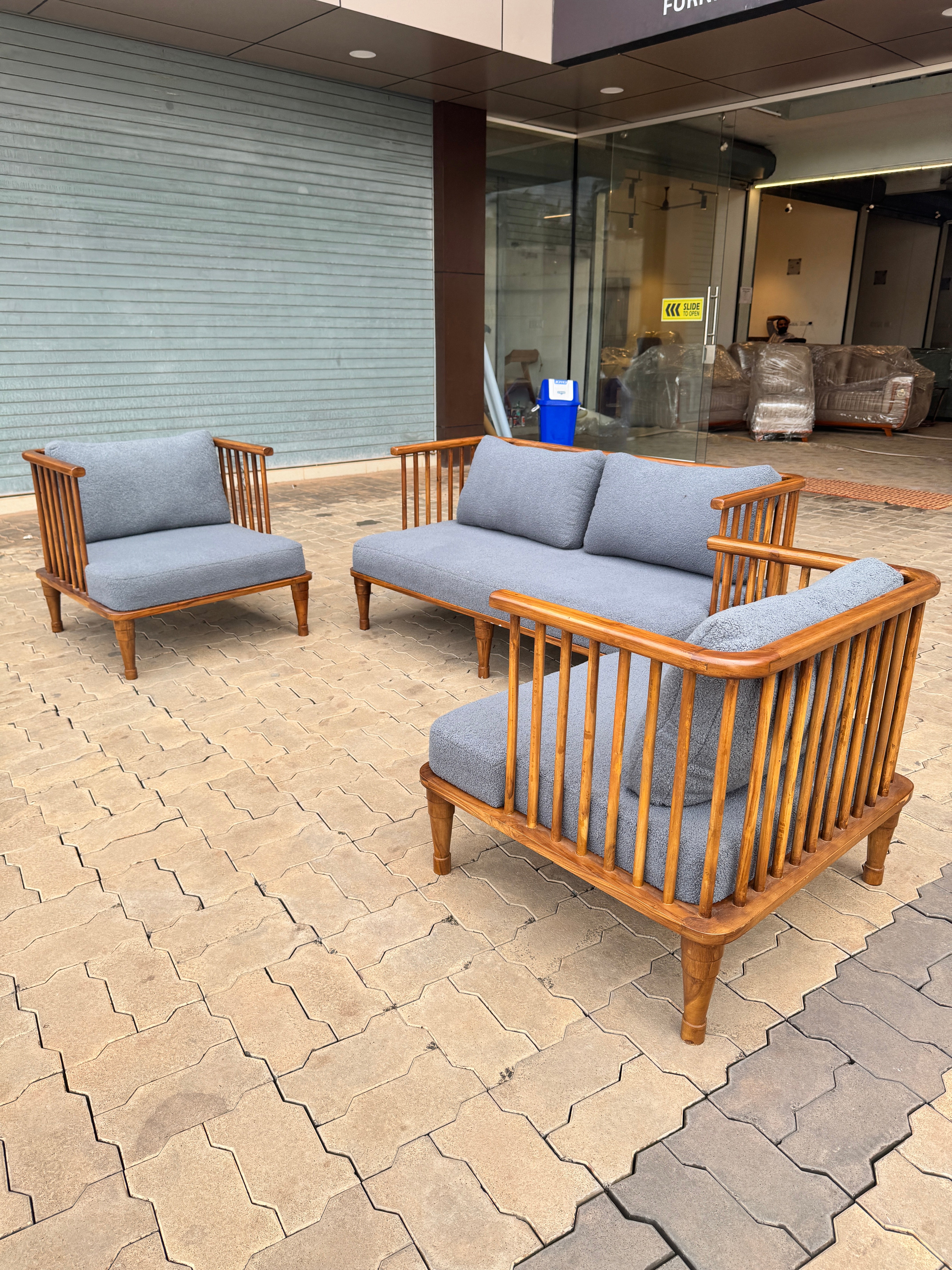 Classy Sofa Set – 3+1+1 Teak Wood Frame & Suede Fabric | 5-Year Warranty