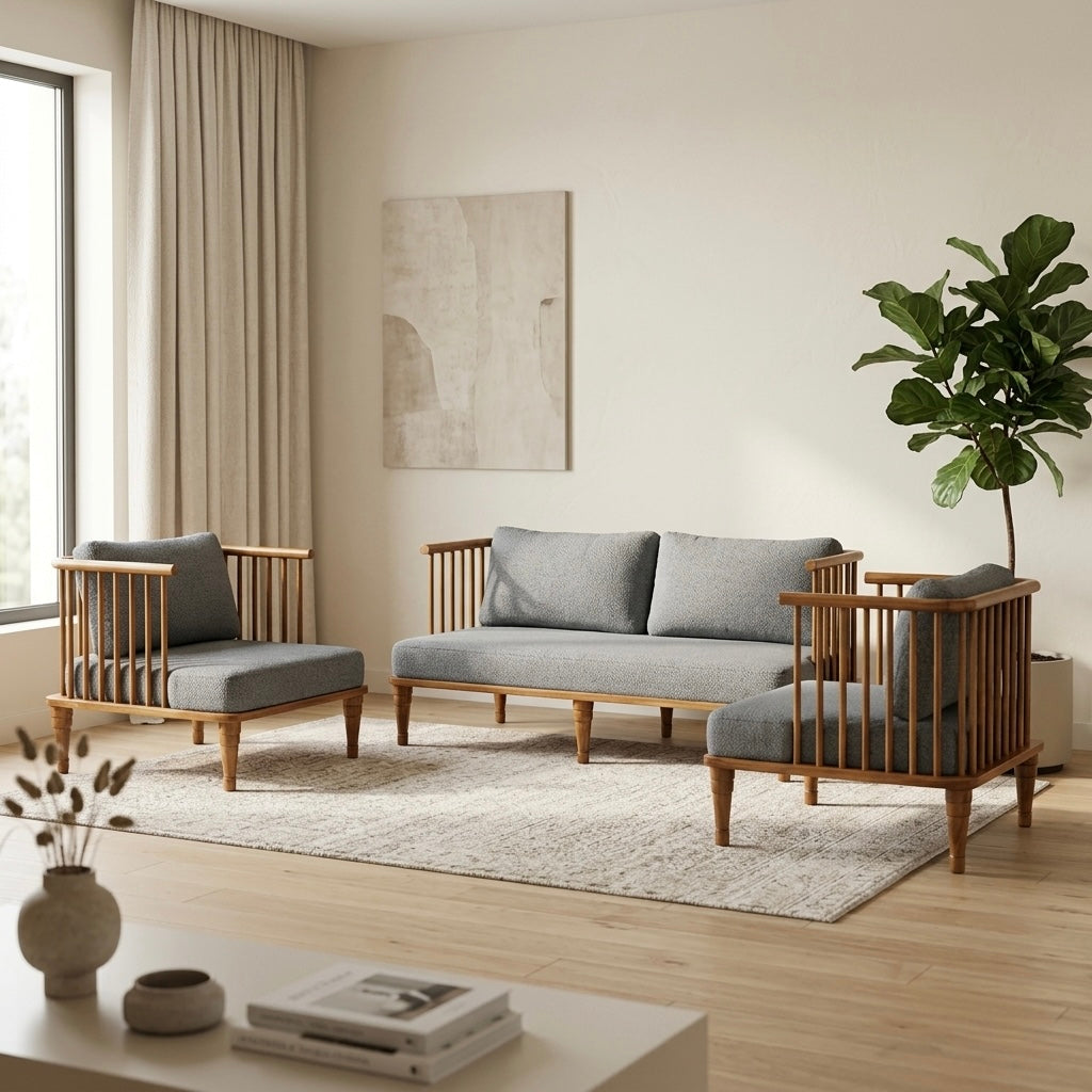 Classy Sofa Set – 3+1+1 Teak Wood Frame & Suede Fabric | 5-Year Warranty