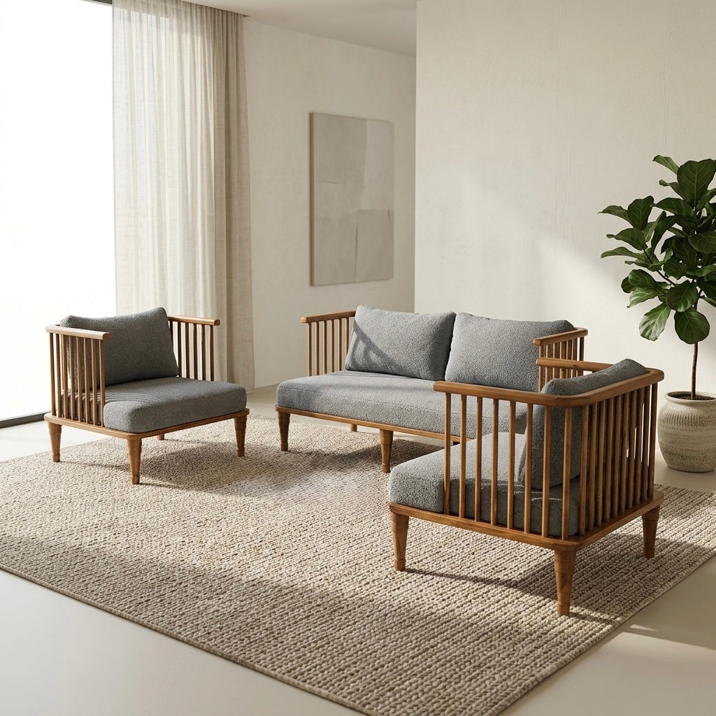 Classy Sofa Set – 3+1+1 Teak Wood Frame & Suede Fabric | 5-Year Warranty
