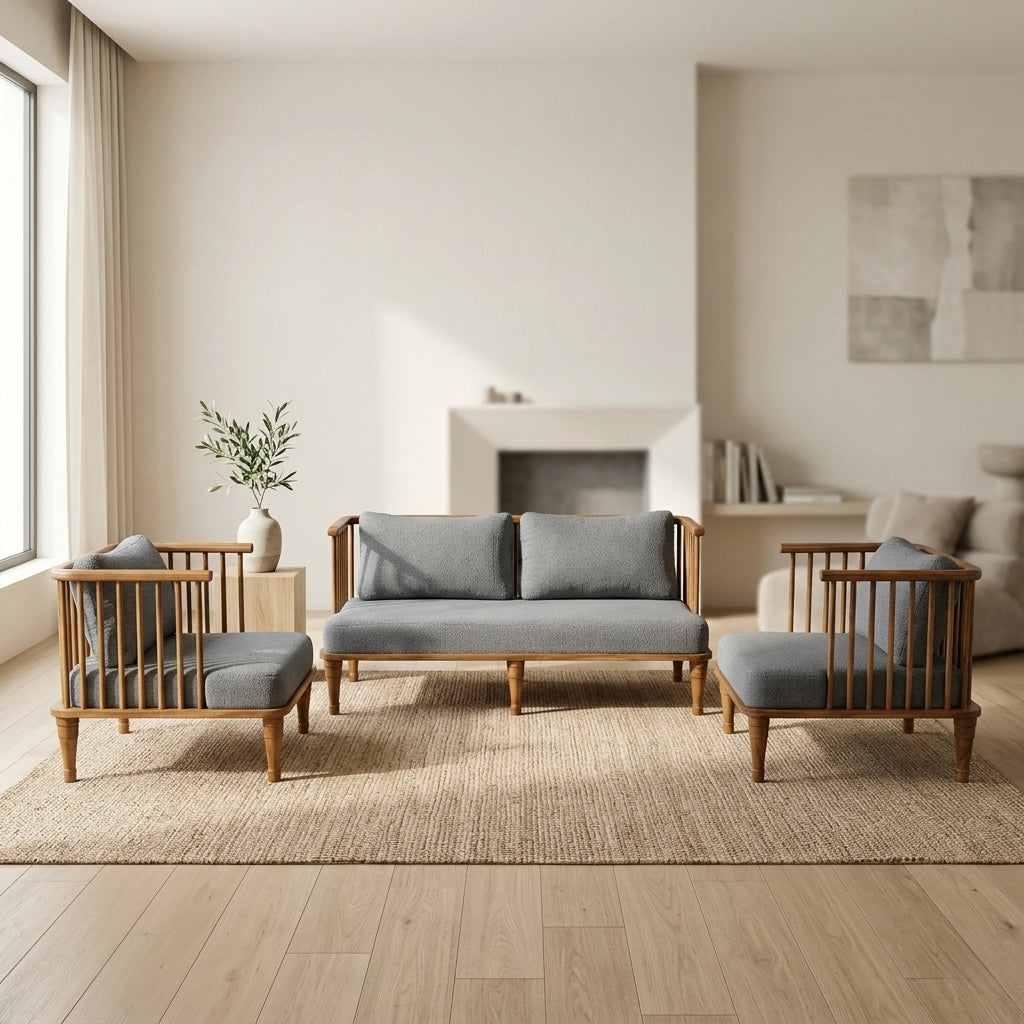 Classy Sofa Set – 3+1+1 Teak Wood Frame & Suede Fabric | 5-Year Warranty