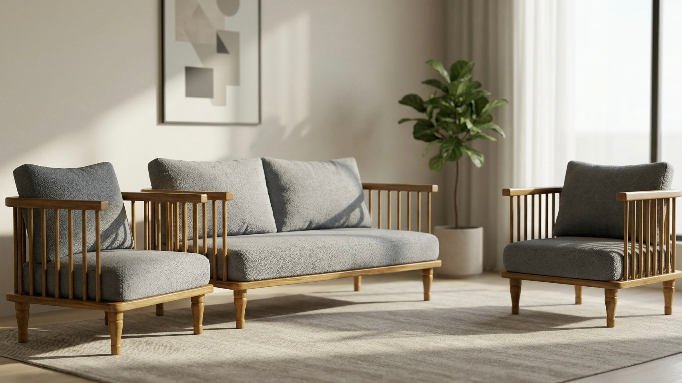 Classy Sofa Set – 3+1+1 Teak Wood Frame & Suede Fabric | 5-Year Warranty