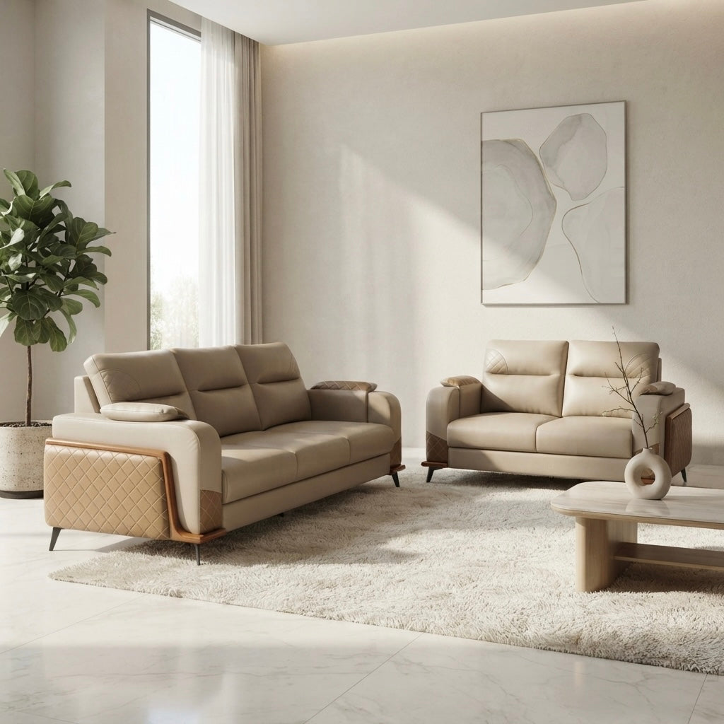 WINSLOW 3+2 SOFA SET | MAHOGANY WOOD & SUEDE FABRIC | BEIGE