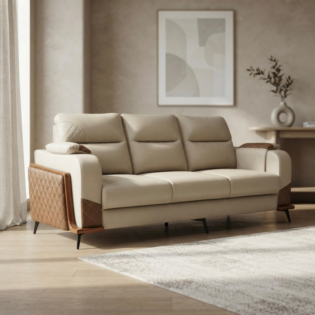 WINSLOW 3+2 SOFA SET | MAHOGANY WOOD & SUEDE FABRIC | BEIGE